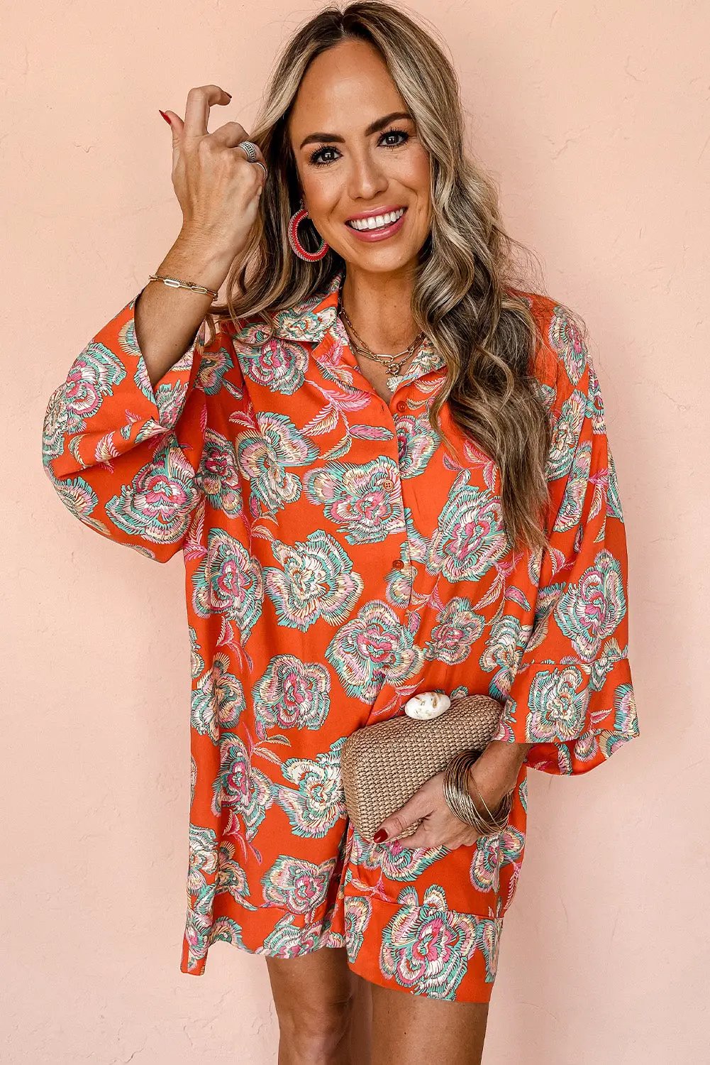 Grateful Threads Boutique Orange Floral Print Lapel Collar Mini Dress - Dresses