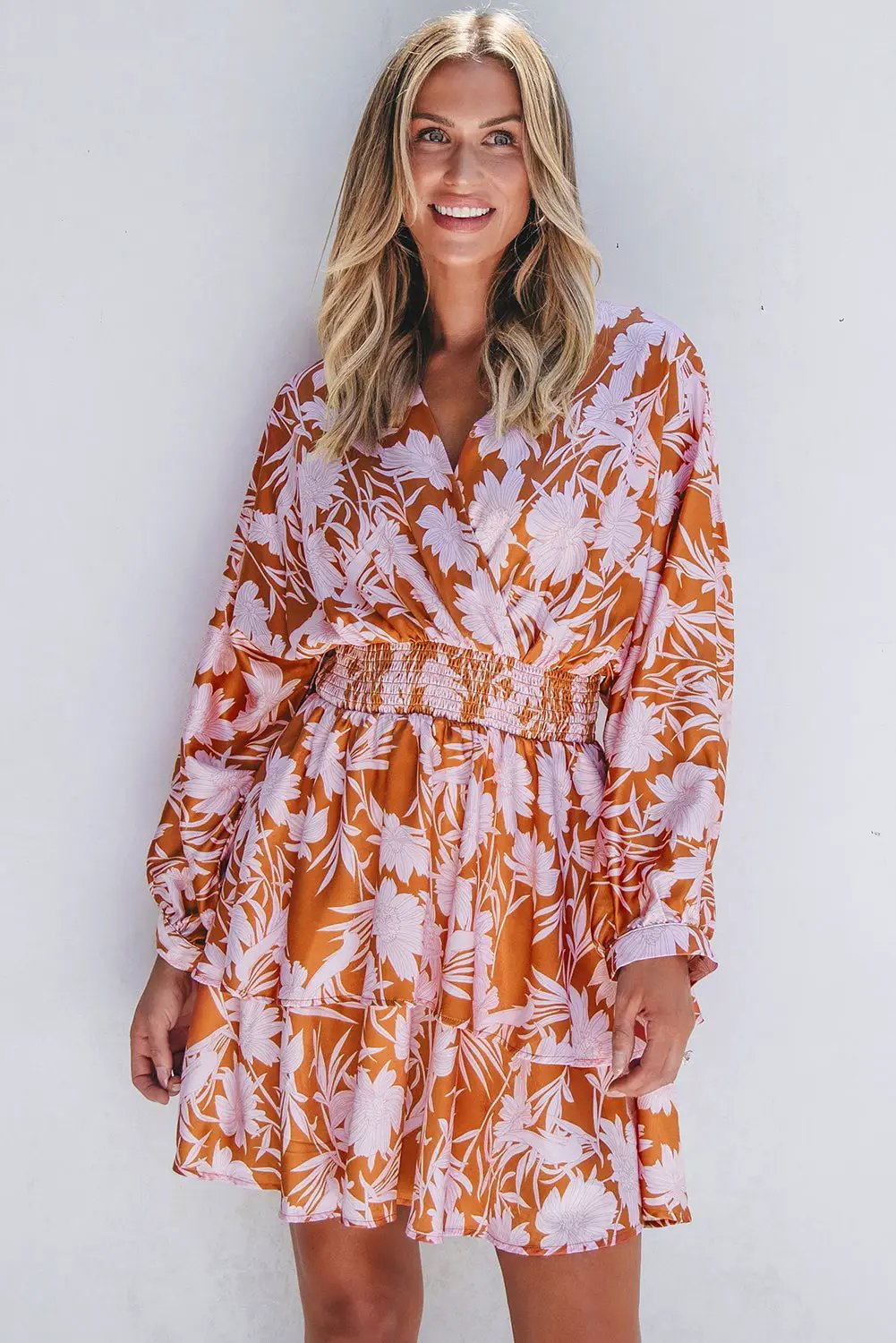 Grateful Threads Boutique Rust & Pink Floral Puff Sleeve Smocked Waist Layered Dress - Dresses