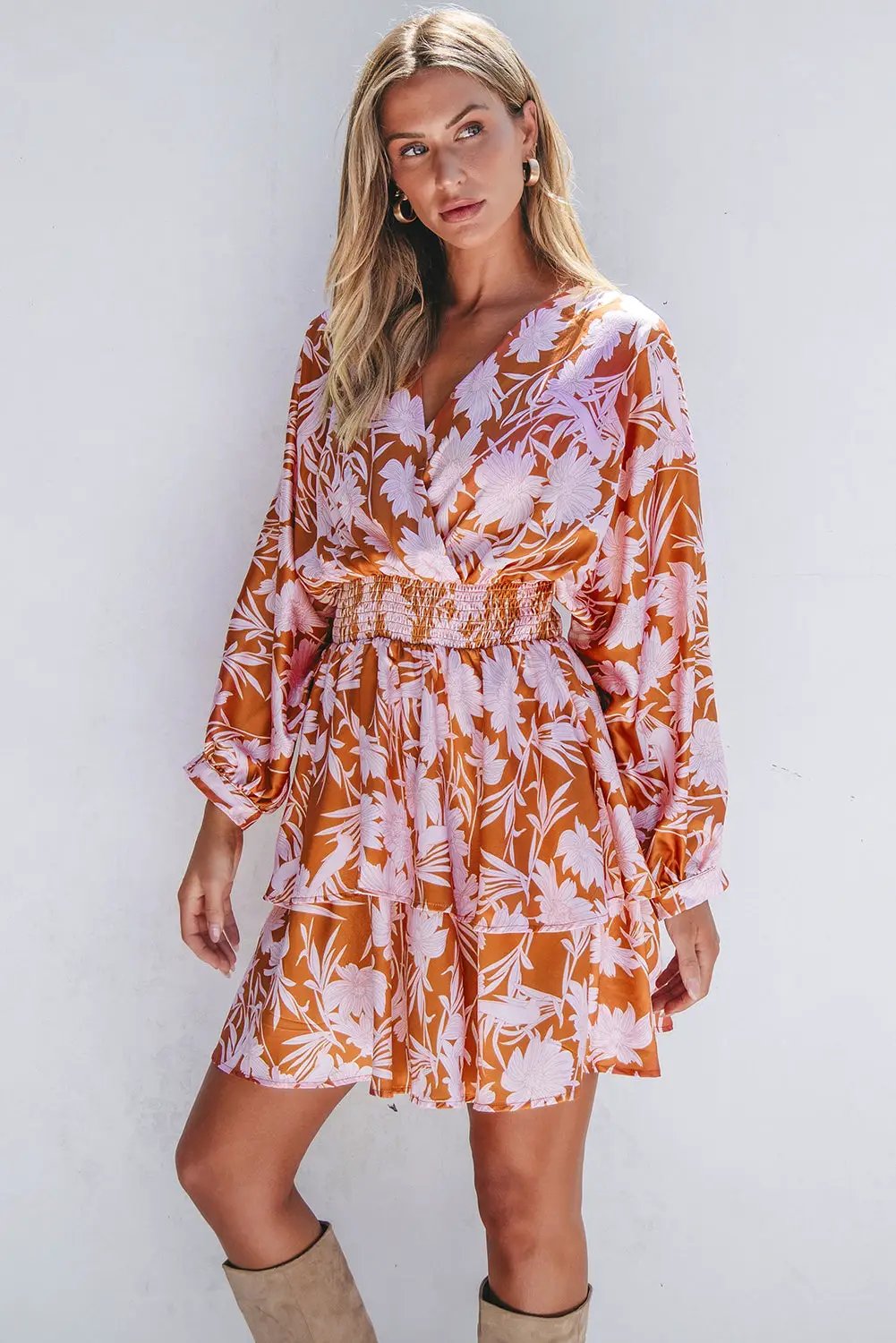 Grateful Threads Boutique Rust & Pink Floral Puff Sleeve Smocked Waist Layered Dress - Dresses