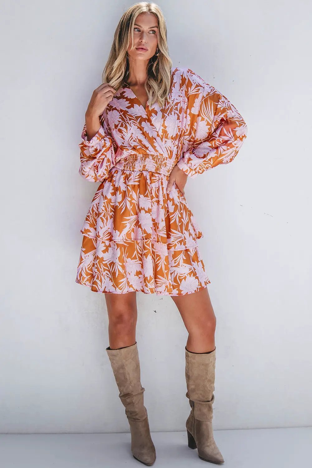 Grateful Threads Boutique Rust & Pink Floral Puff Sleeve Smocked Waist Layered Dress - Dresses