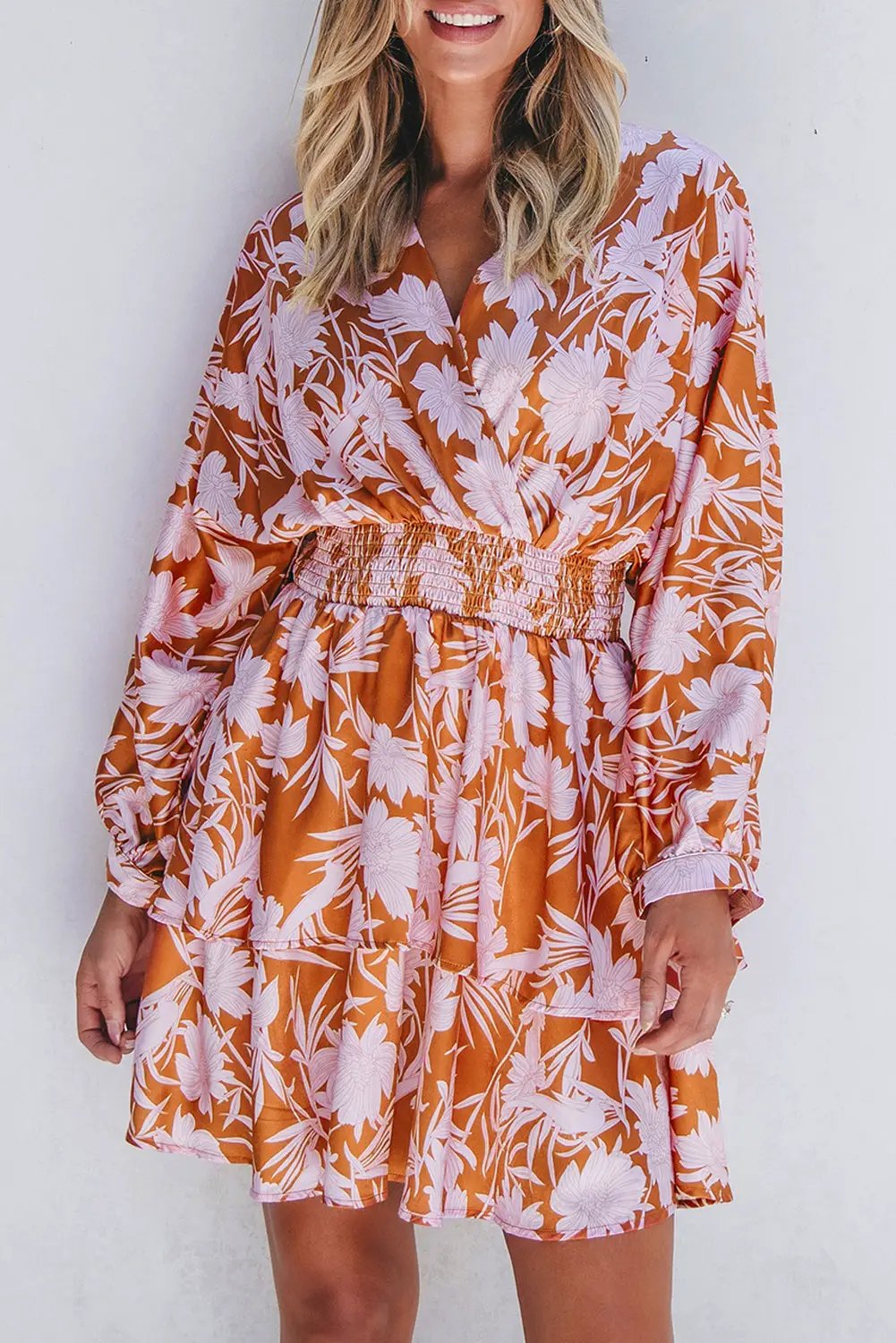 Grateful Threads Boutique Rust & Pink Floral Puff Sleeve Smocked Waist Layered Dress - Dresses