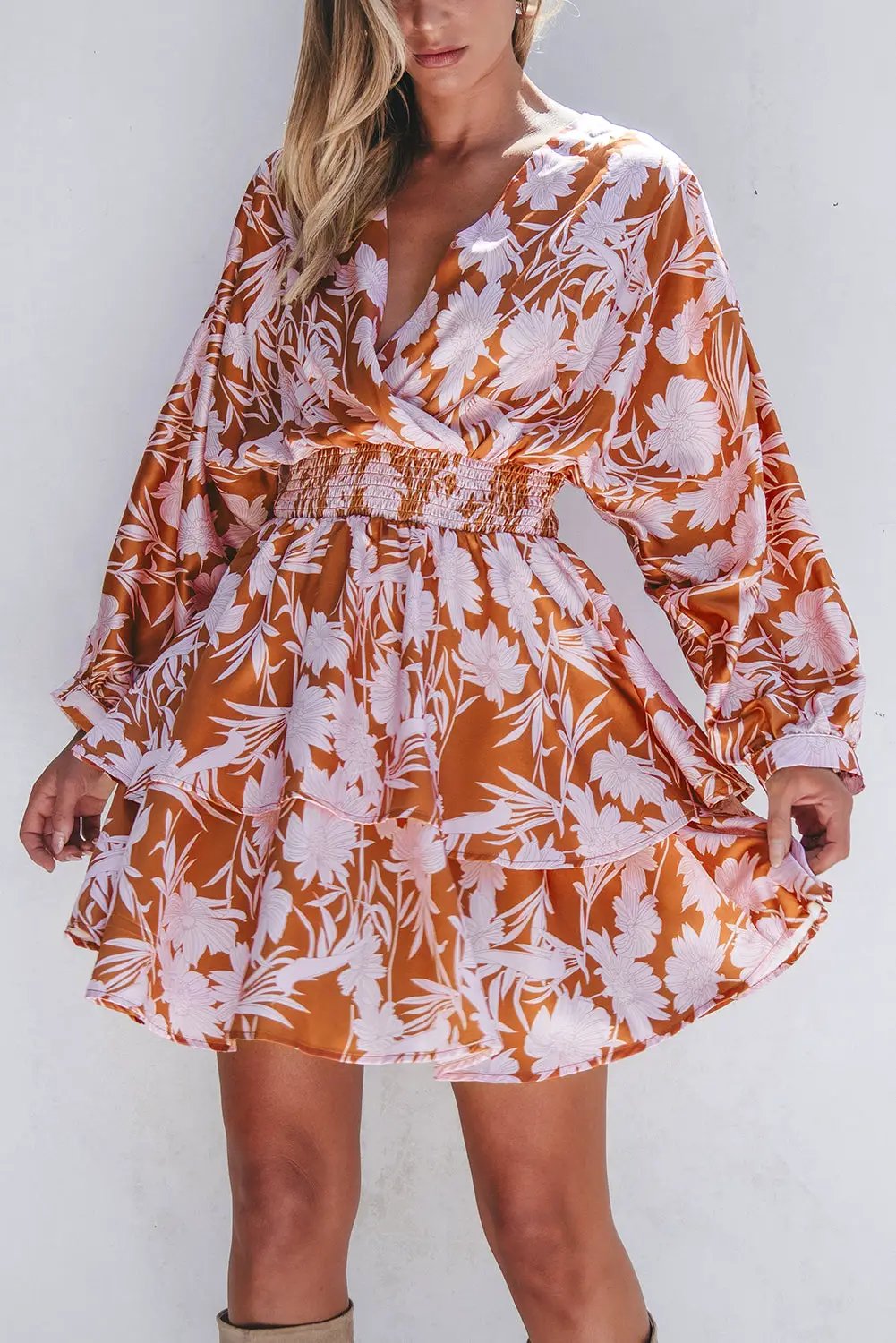 Grateful Threads Boutique Rust & Pink Floral Puff Sleeve Smocked Waist Layered Dress - Dresses