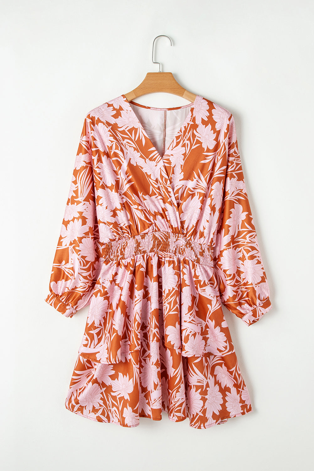 Grateful Threads Boutique Rust & Pink Floral Puff Sleeve Smocked Waist Layered Dress - Dresses