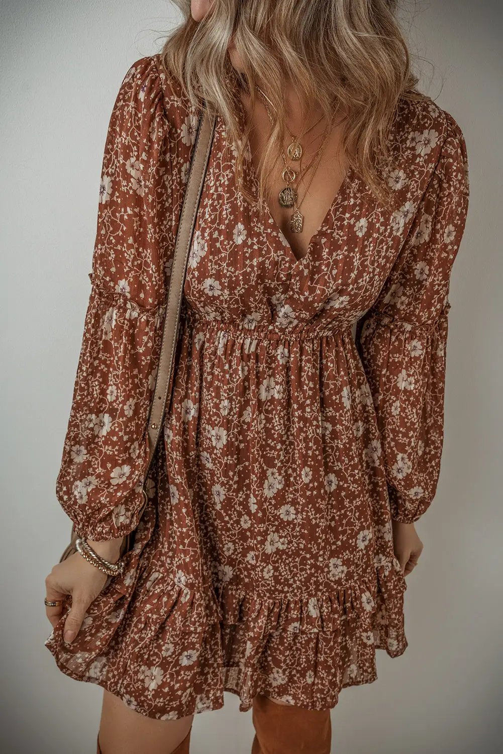 Grateful Threads Boutique Brown Boho Floral Ruffled Puff Sleeve Mini Dress - Dresses