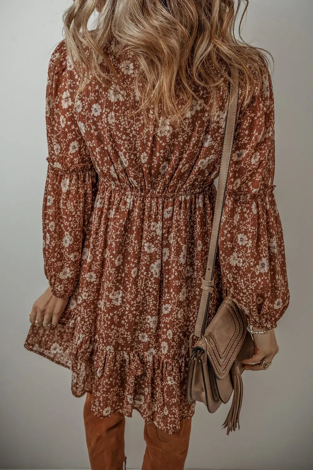 Grateful Threads Boutique Brown Boho Floral Ruffled Puff Sleeve Mini Dress - Dresses