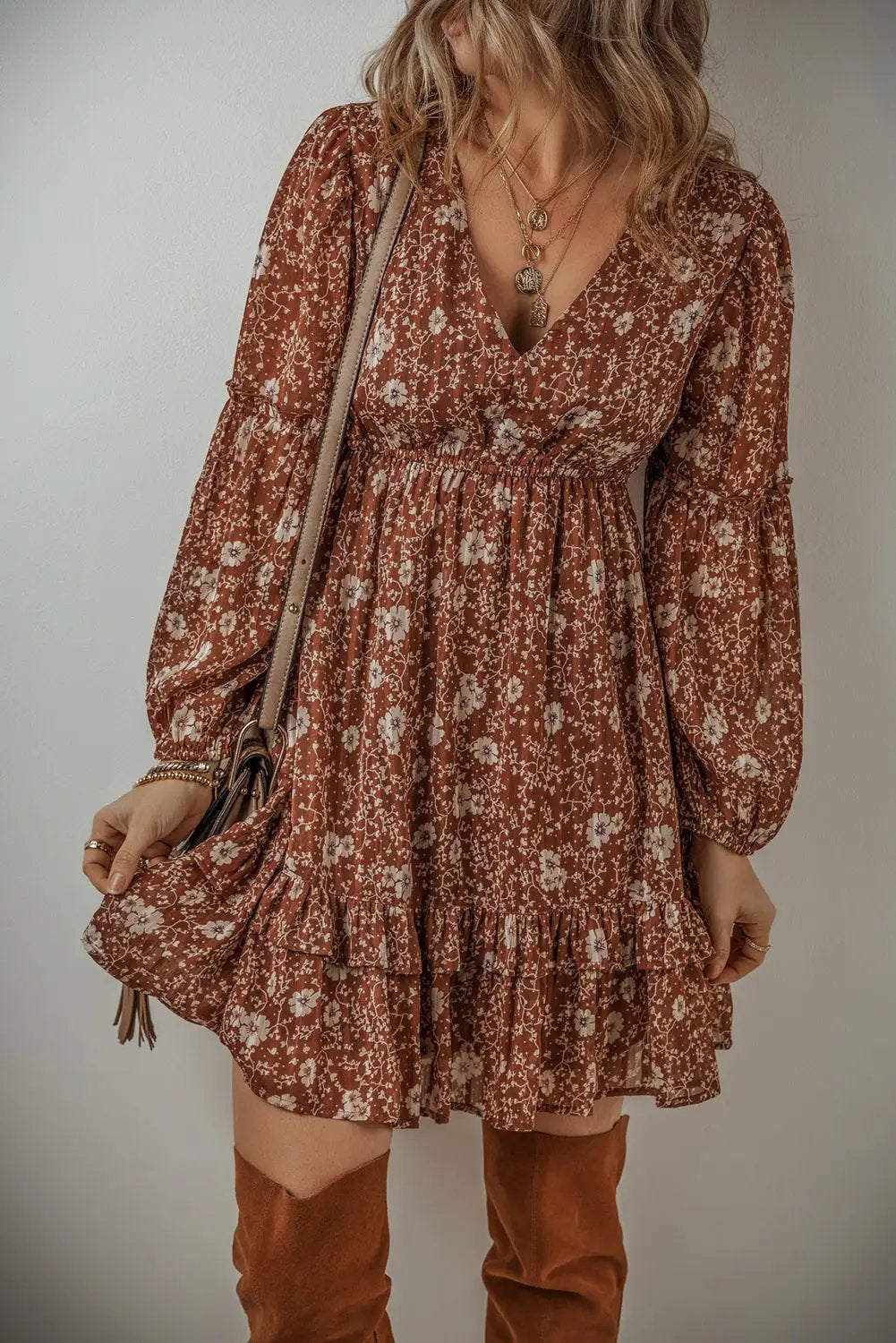 Grateful Threads Boutique Brown Boho Floral Ruffled Puff Sleeve Mini Dress - Dresses