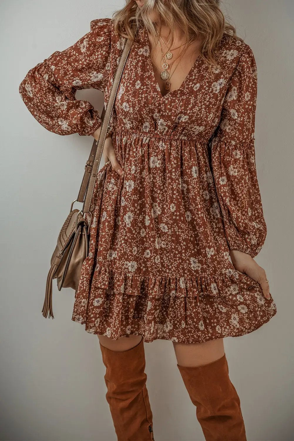 Grateful Threads Boutique Brown Boho Floral Ruffled Puff Sleeve Mini Dress - Dresses