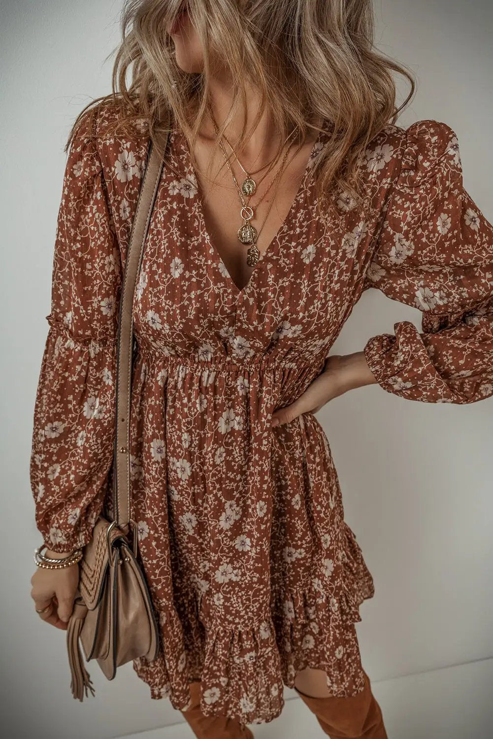 Grateful Threads Boutique Brown Boho Floral Ruffled Puff Sleeve Mini Dress - Dresses
