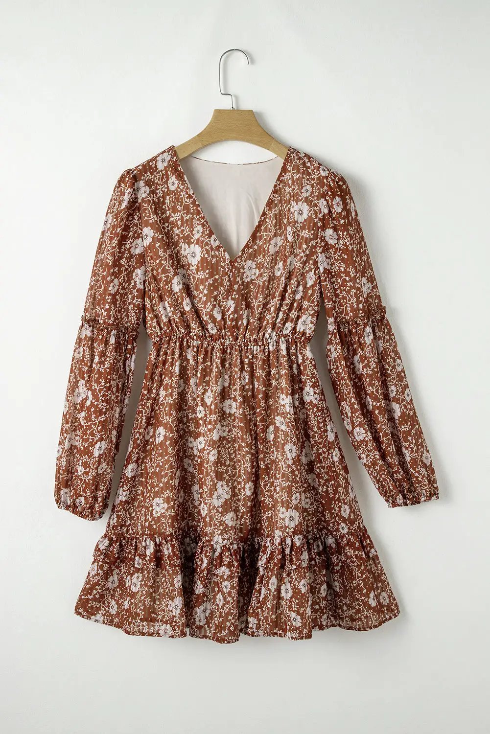 Grateful Threads Boutique Brown Boho Floral Ruffled Puff Sleeve Mini Dress - Dresses