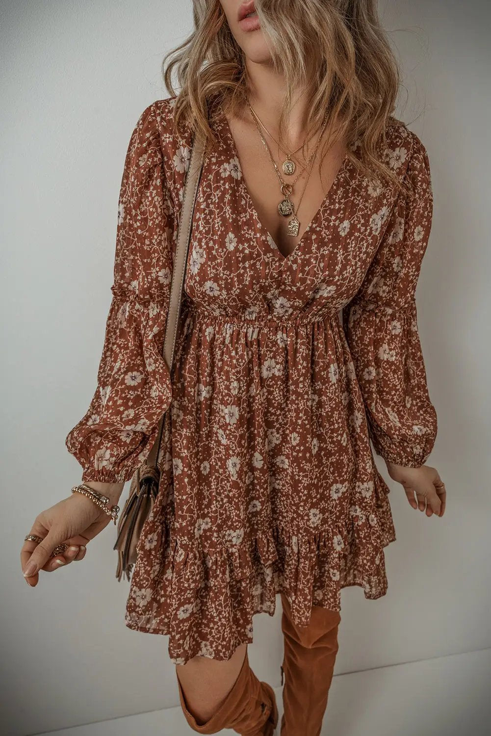Grateful Threads Boutique Brown Boho Floral Ruffled Puff Sleeve Mini Dress - Dresses