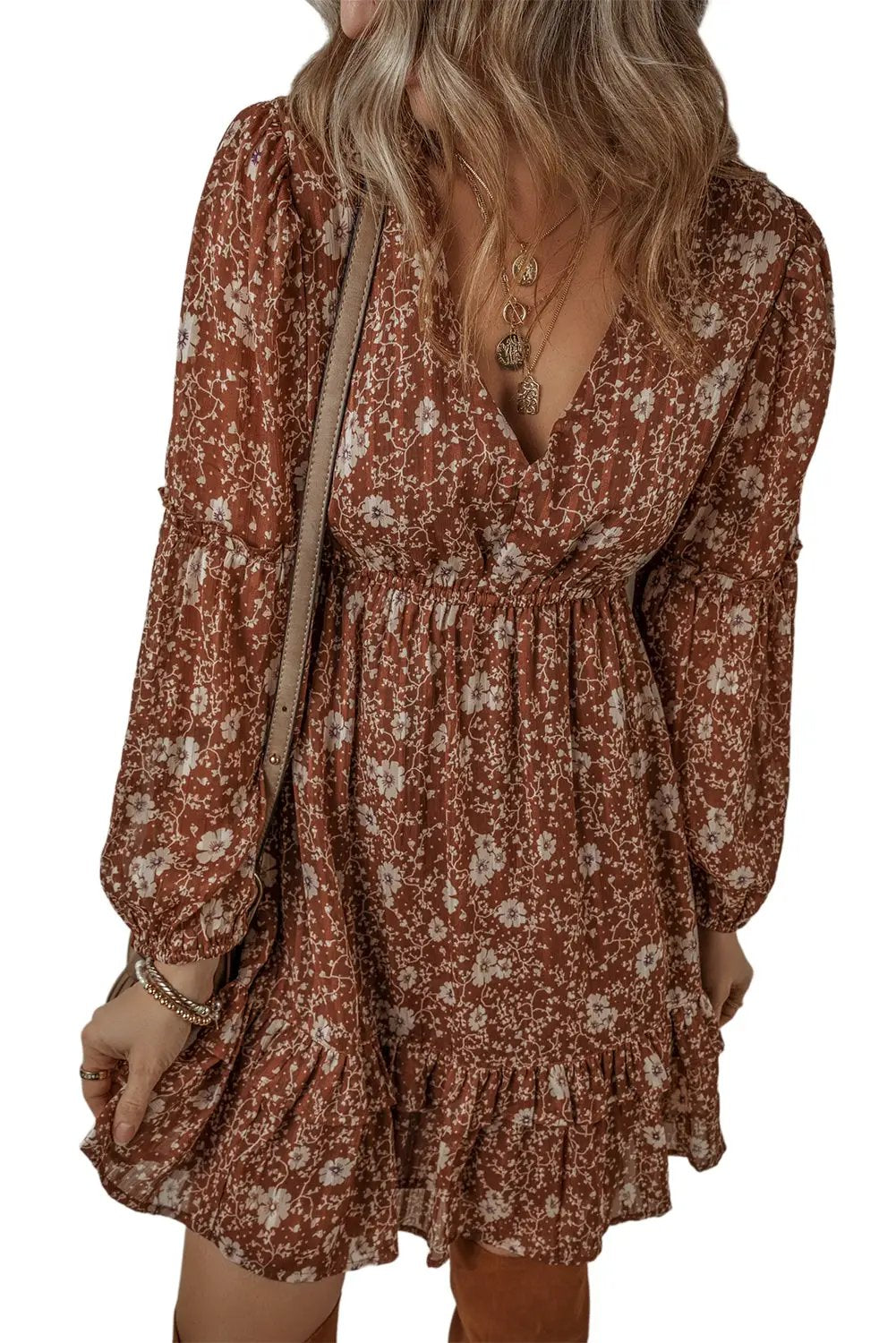 Grateful Threads Boutique Brown Boho Floral Ruffled Puff Sleeve Mini Dress - Dresses