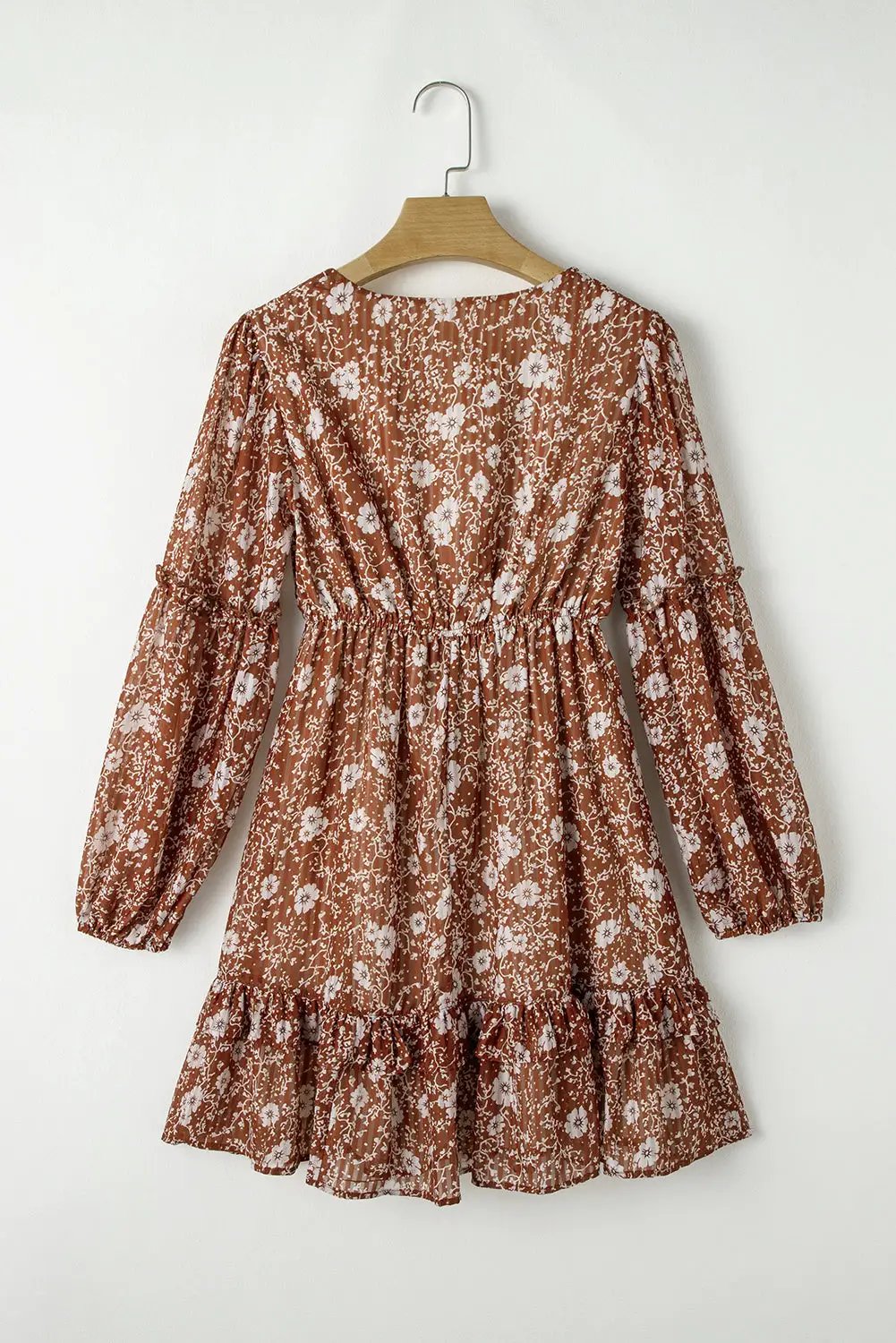Grateful Threads Boutique Brown Boho Floral Ruffled Puff Sleeve Mini Dress - Dresses