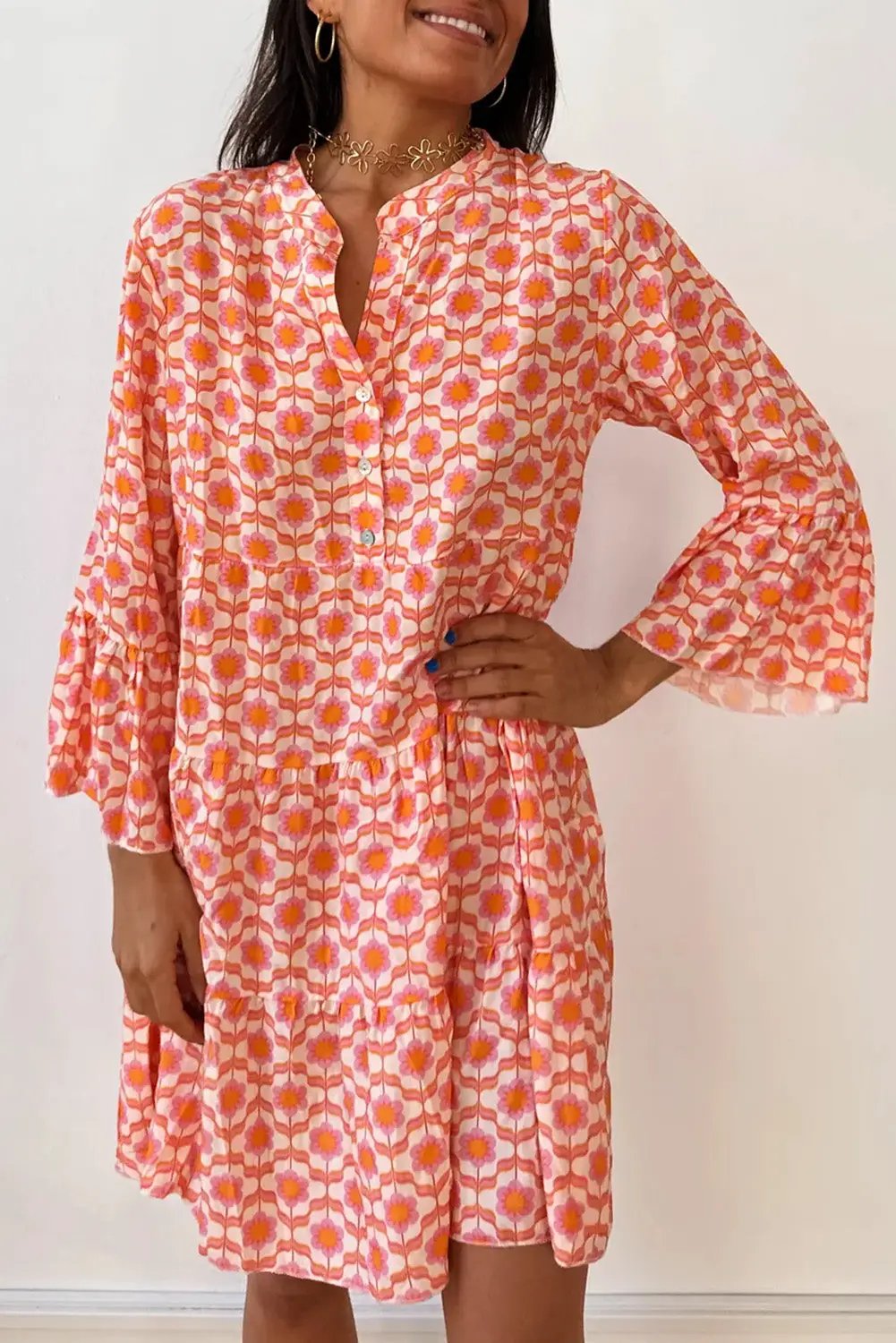 Grateful Threads Boutique Orange Floral Buttoned Front Dress - Dresses Orange Floral Buttoned Front Dress