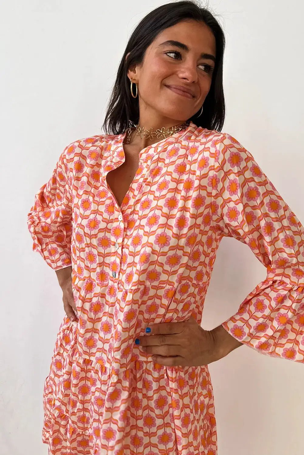 Grateful Threads Boutique Orange Floral Buttoned Front Dress - Dresses Orange Floral Buttoned Front Dress