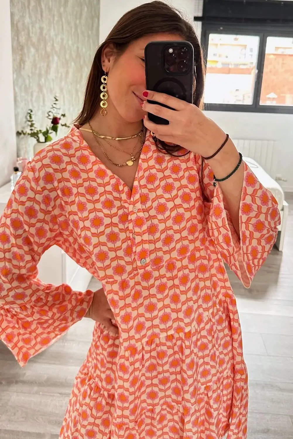 Grateful Threads Boutique Orange Floral Buttoned Front Dress - Dresses Orange Floral Buttoned Front Dress