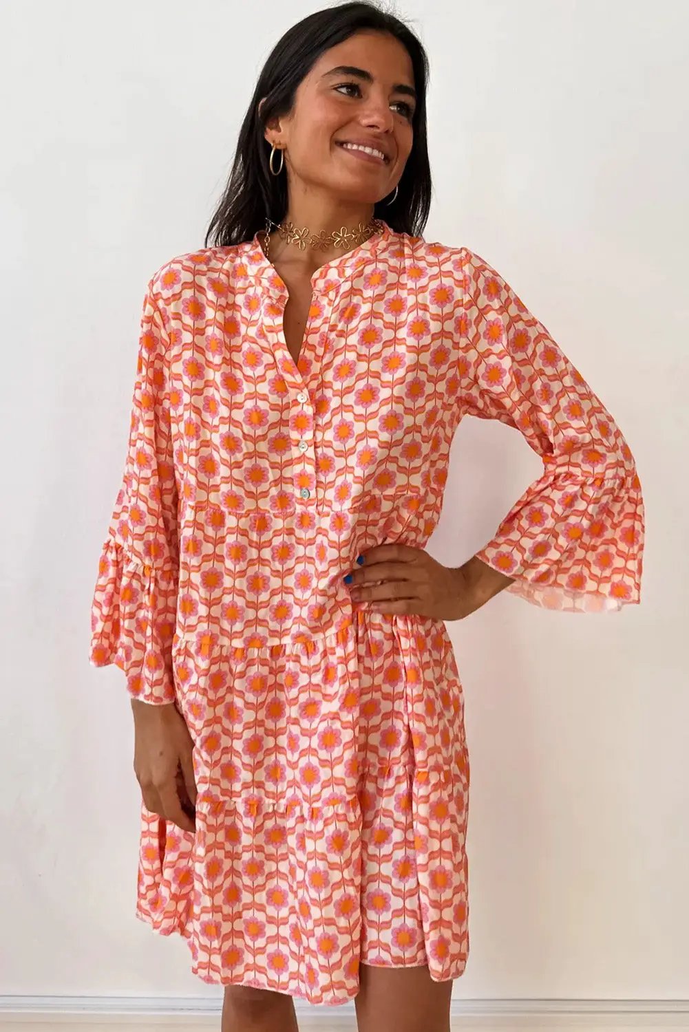 Grateful Threads Boutique Orange Floral Buttoned Front Dress - Dresses Orange Floral Buttoned Front Dress