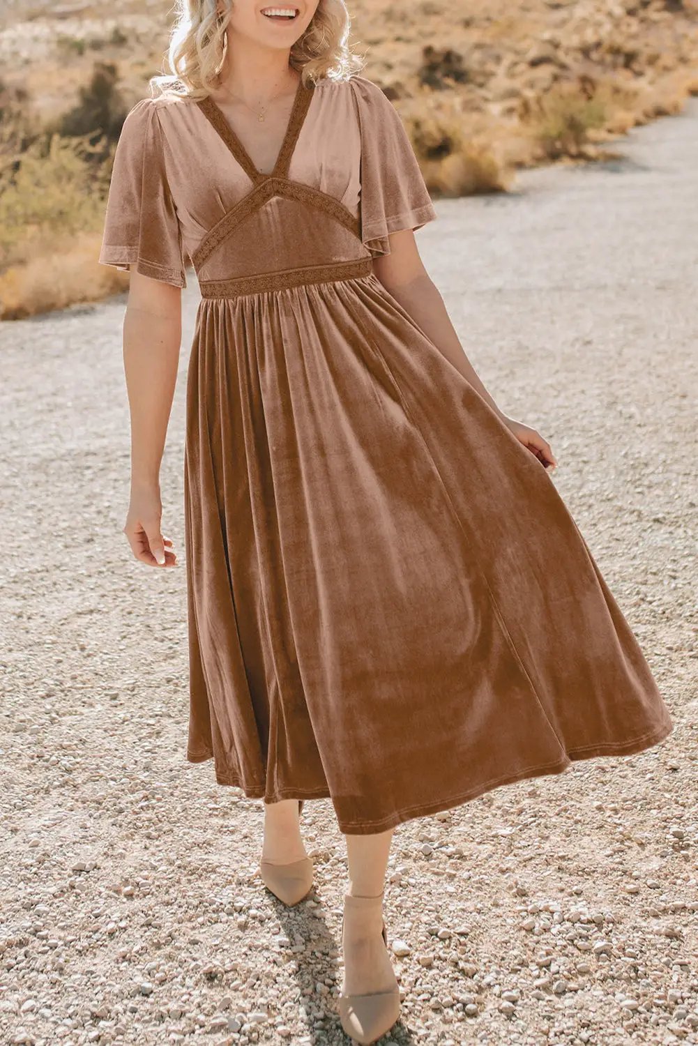Grateful Threads Boutique Dusty Taupe Rose Velvet Lacy Empire Waist Midi Dress - Dresses