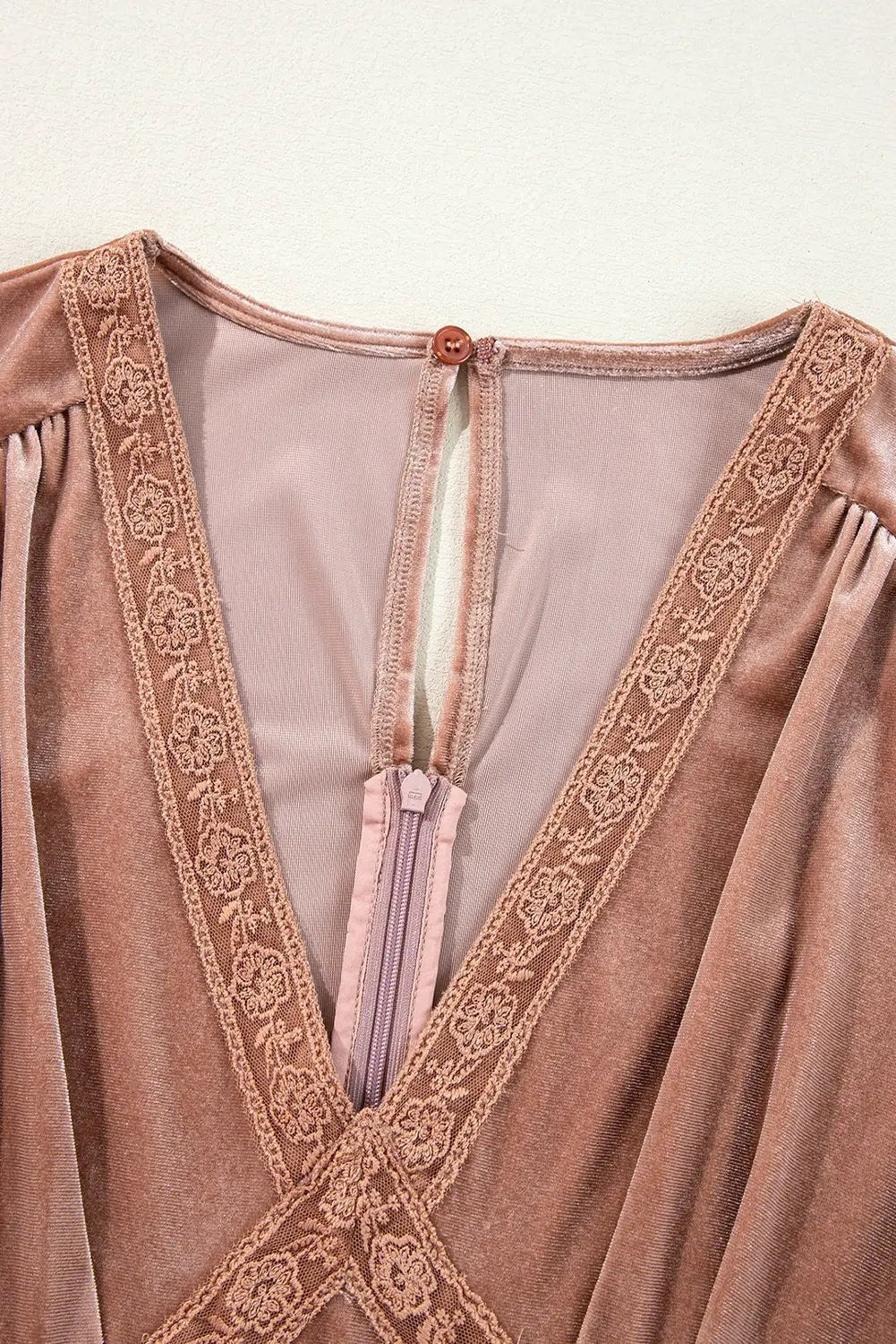 Grateful Threads Boutique Dusty Taupe Rose Velvet Lacy Empire Waist Midi Dress - Dresses
