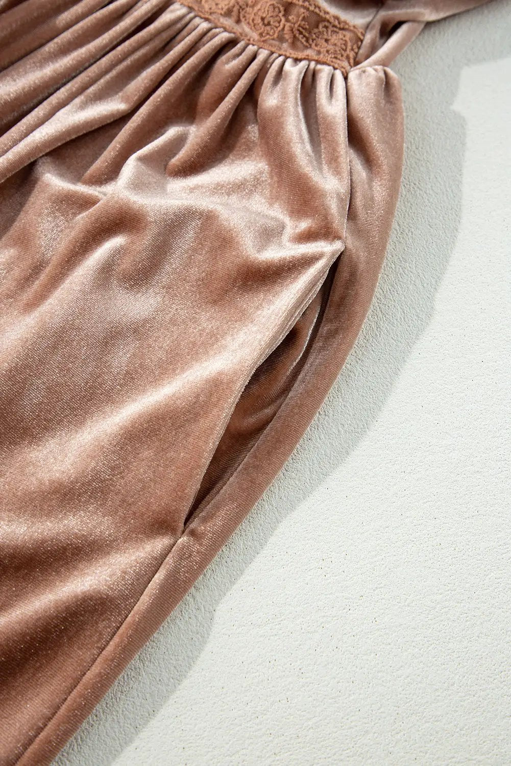 Grateful Threads Boutique Dusty Taupe Rose Velvet Lacy Empire Waist Midi Dress - Dresses