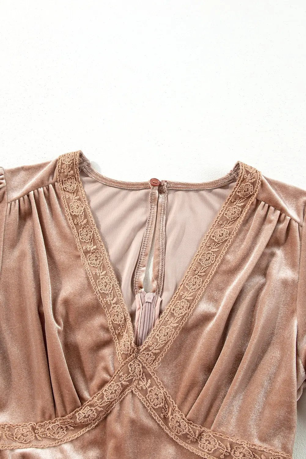 Grateful Threads Boutique Dusty Taupe Rose Velvet Lacy Empire Waist Midi Dress - Dresses