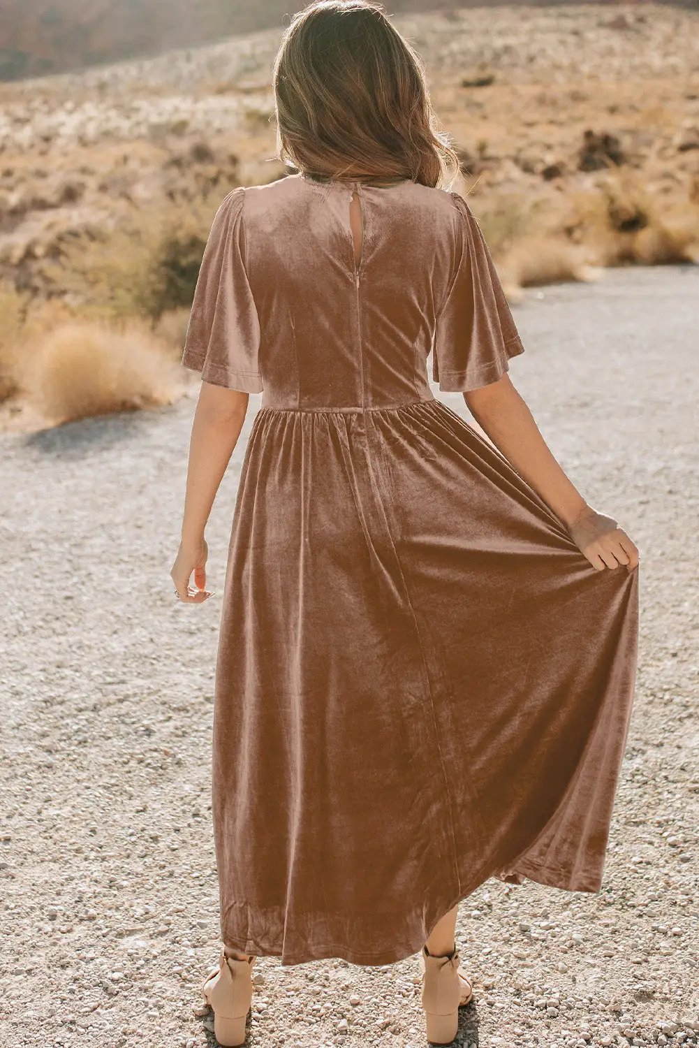 Grateful Threads Boutique Dusty Taupe Rose Velvet Lacy Empire Waist Midi Dress - Dresses