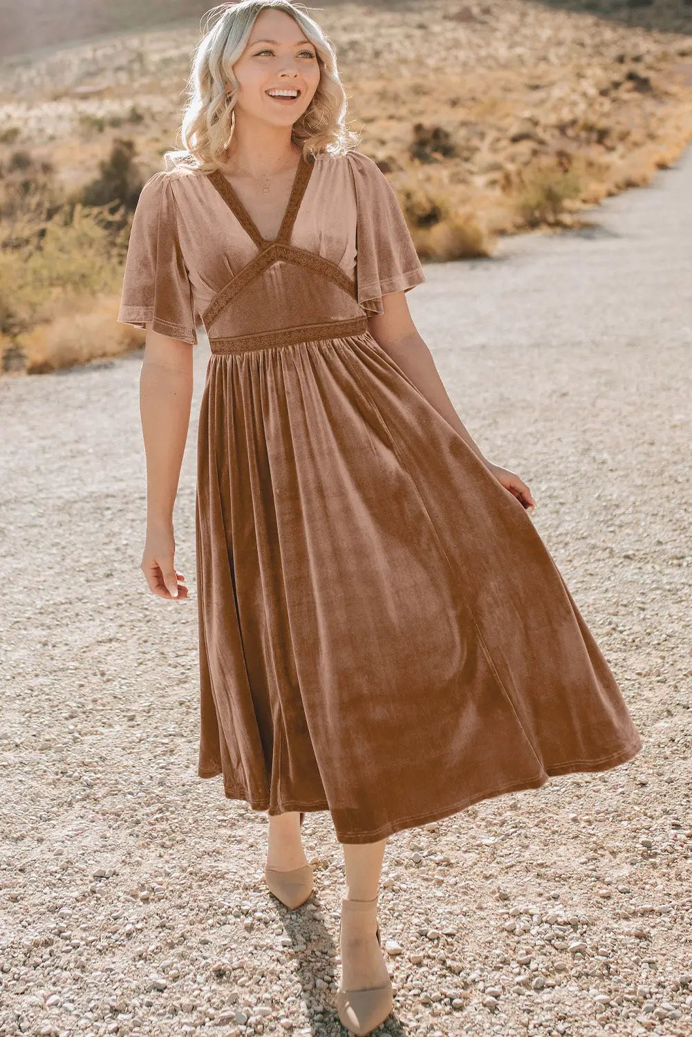 Grateful Threads Boutique Dusty Taupe Rose Velvet Lacy Empire Waist Midi Dress - Dresses