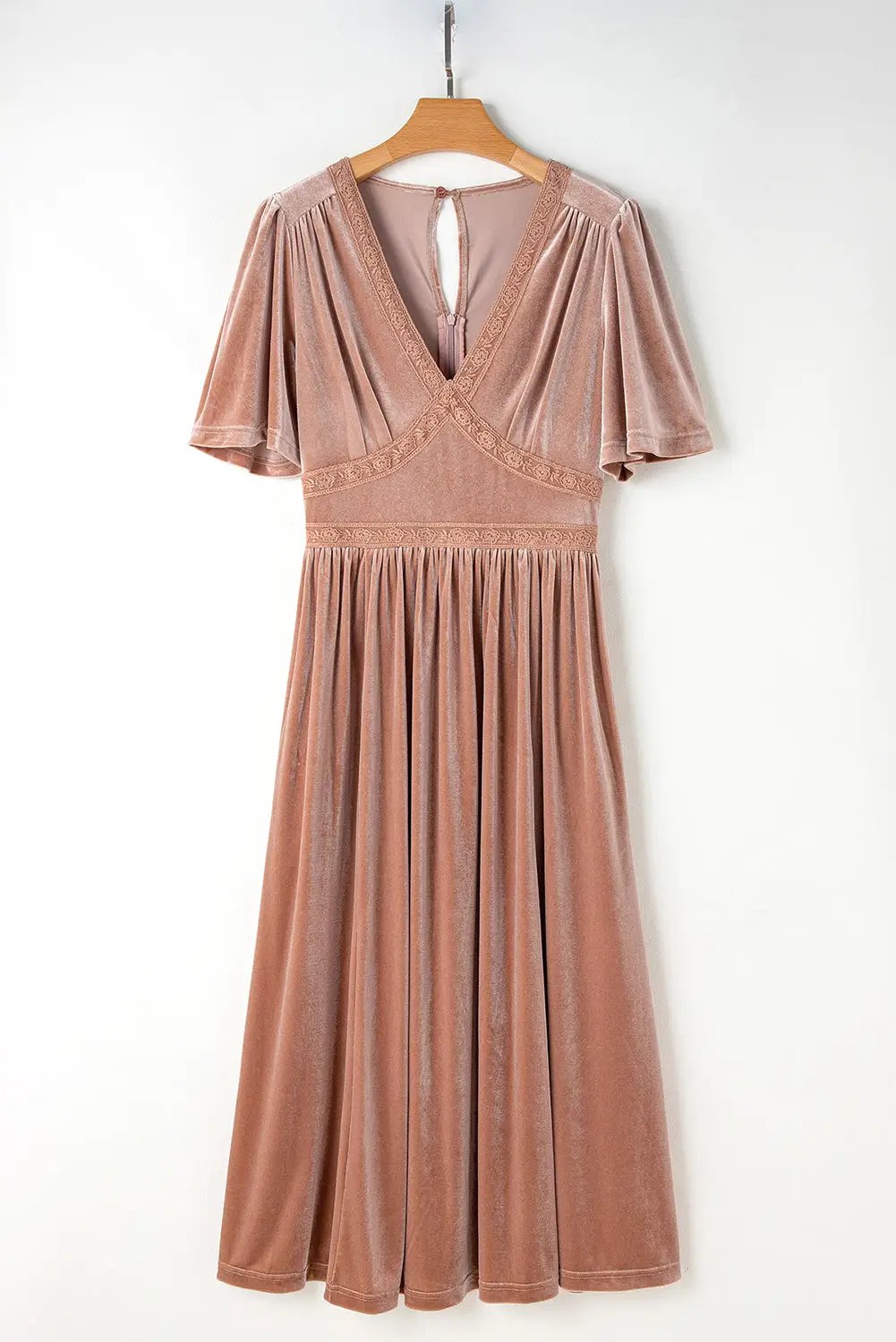 Grateful Threads Boutique Dusty Taupe Rose Velvet Lacy Empire Waist Midi Dress - Dresses