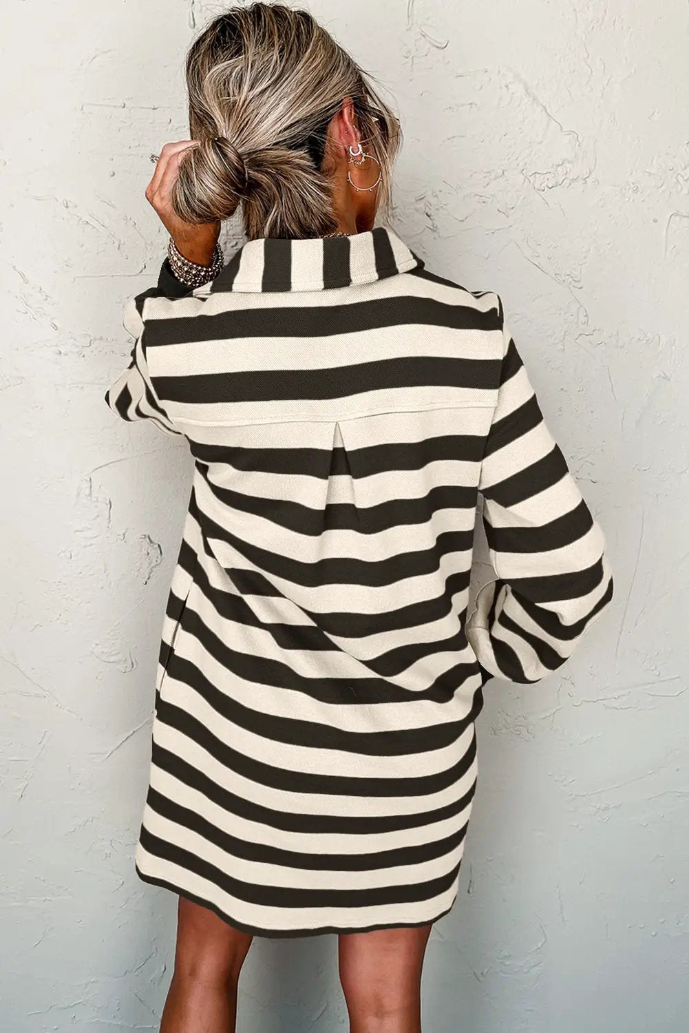 Grateful Threads Boutique Black & Cream Stripe Loose Collared Casual Dress - Dresses