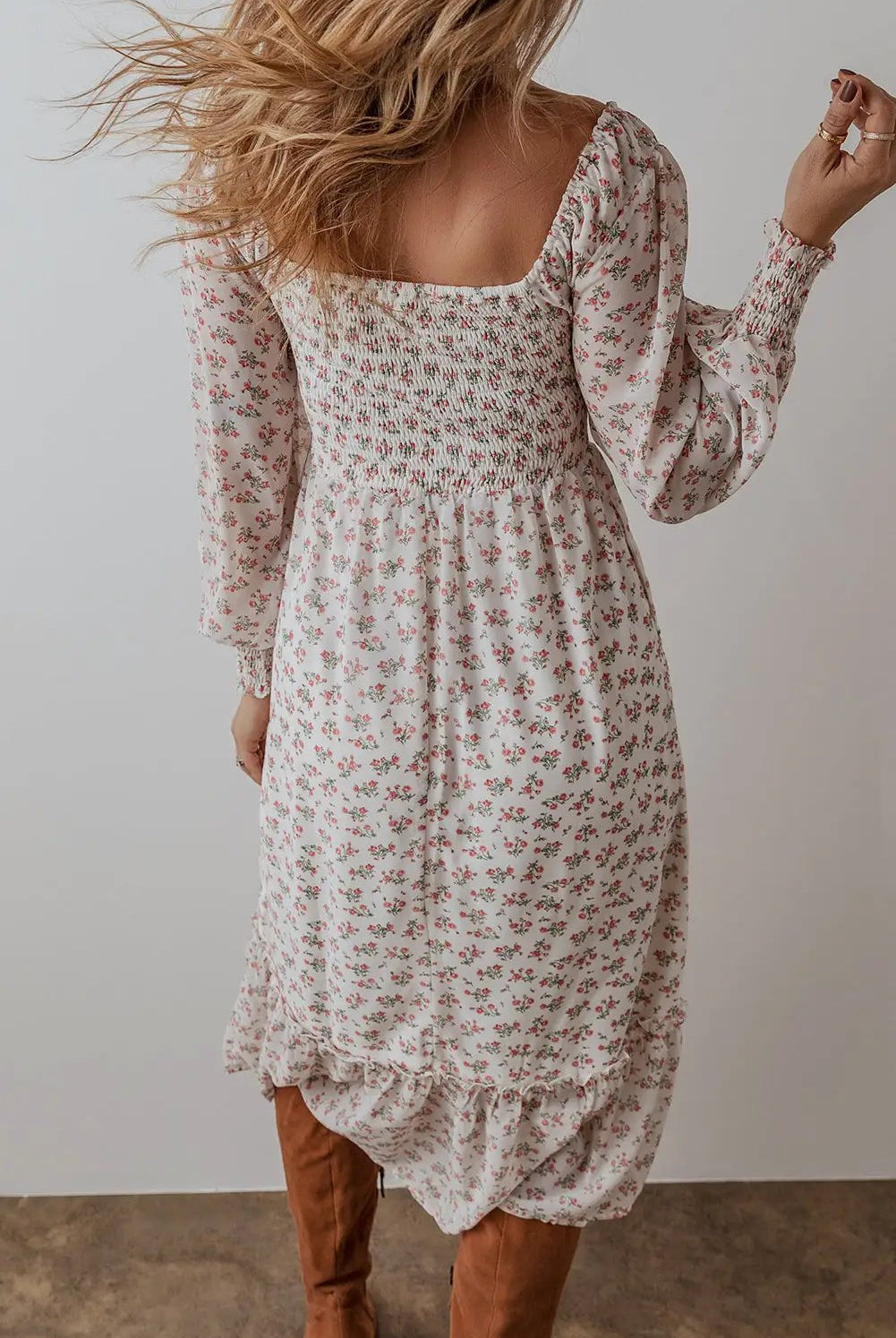 Grateful Threads Boutique White Floral Ruffled Hem Square Neck Midi Dress - Dresses