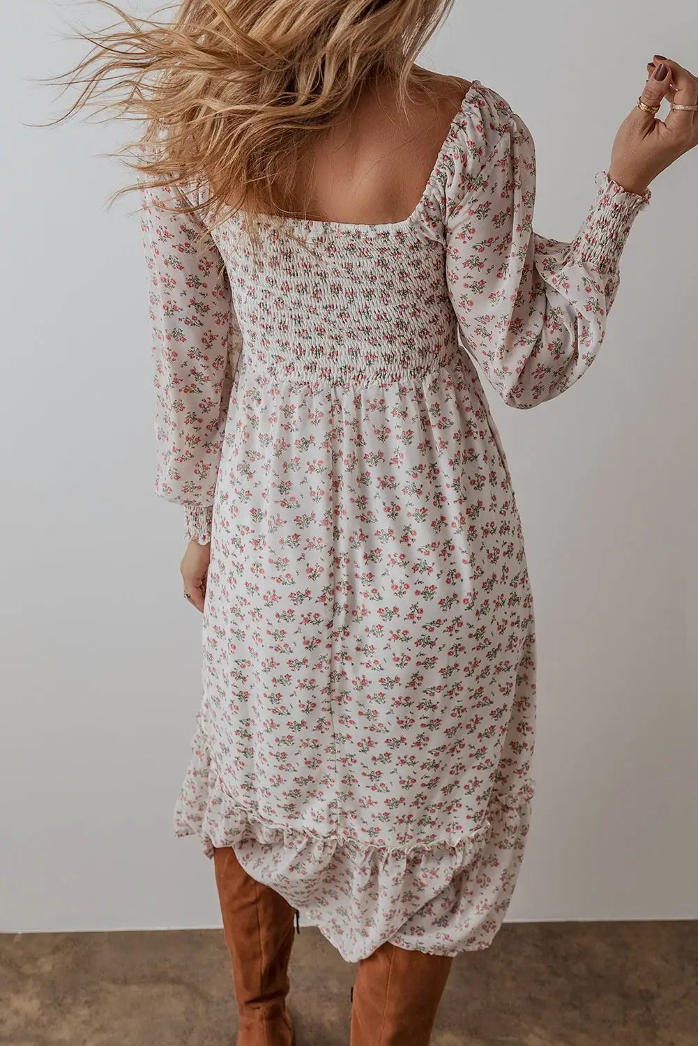 Grateful Threads Boutique White Floral Ruffled Hem Square Neck Midi Dress - Dresses