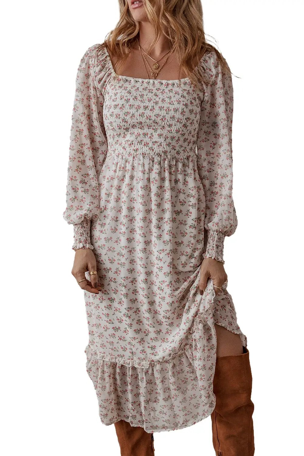 Grateful Threads Boutique White Floral Ruffled Hem Square Neck Midi Dress - Dresses