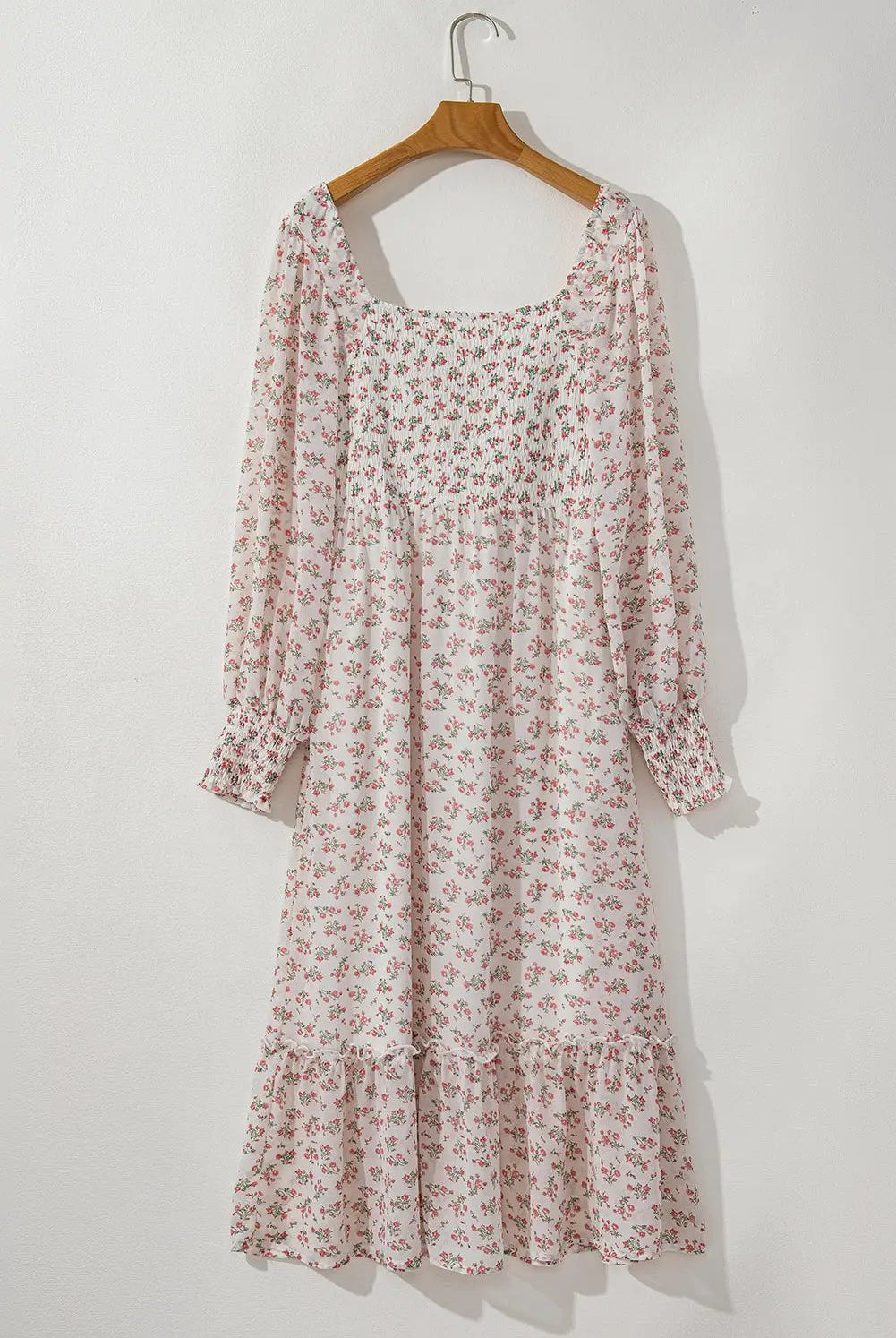 Grateful Threads Boutique White Floral Ruffled Hem Square Neck Midi Dress - Dresses
