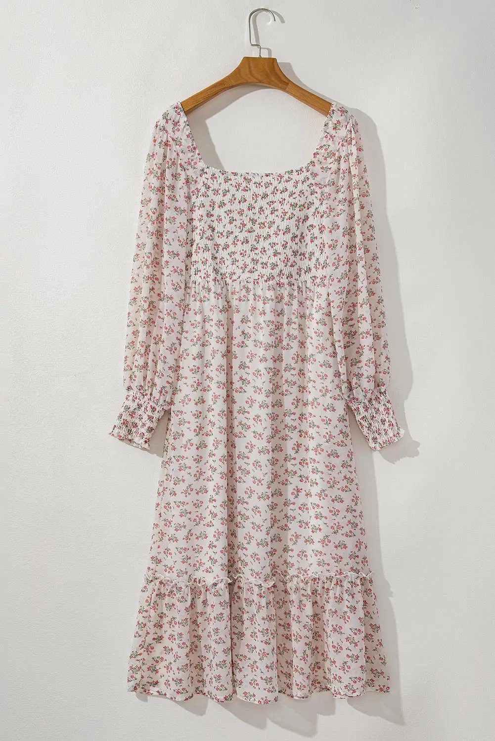 Grateful Threads Boutique White Floral Ruffled Hem Square Neck Midi Dress - Dresses