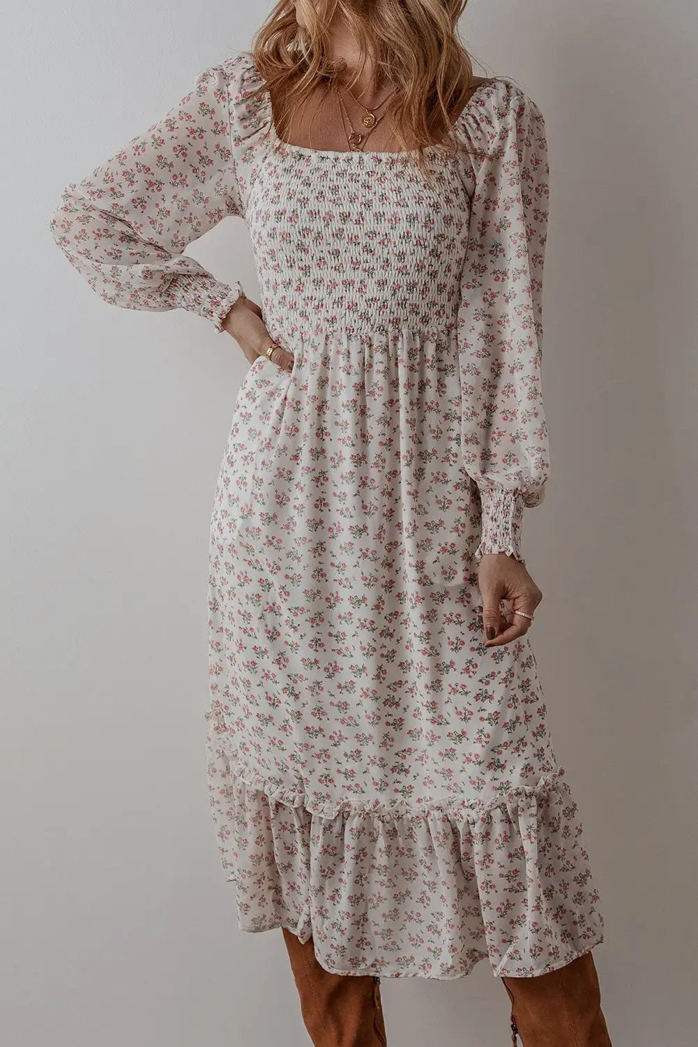 Grateful Threads Boutique White Floral Ruffled Hem Square Neck Midi Dress - Dresses