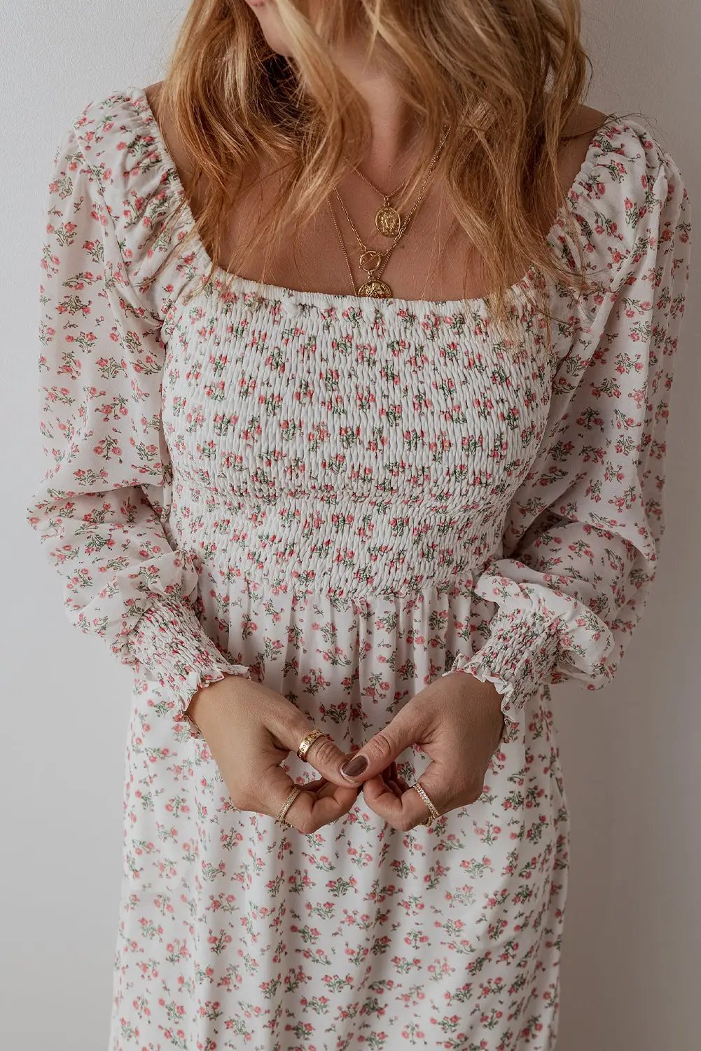 Grateful Threads Boutique White Floral Ruffled Hem Square Neck Midi Dress - Dresses