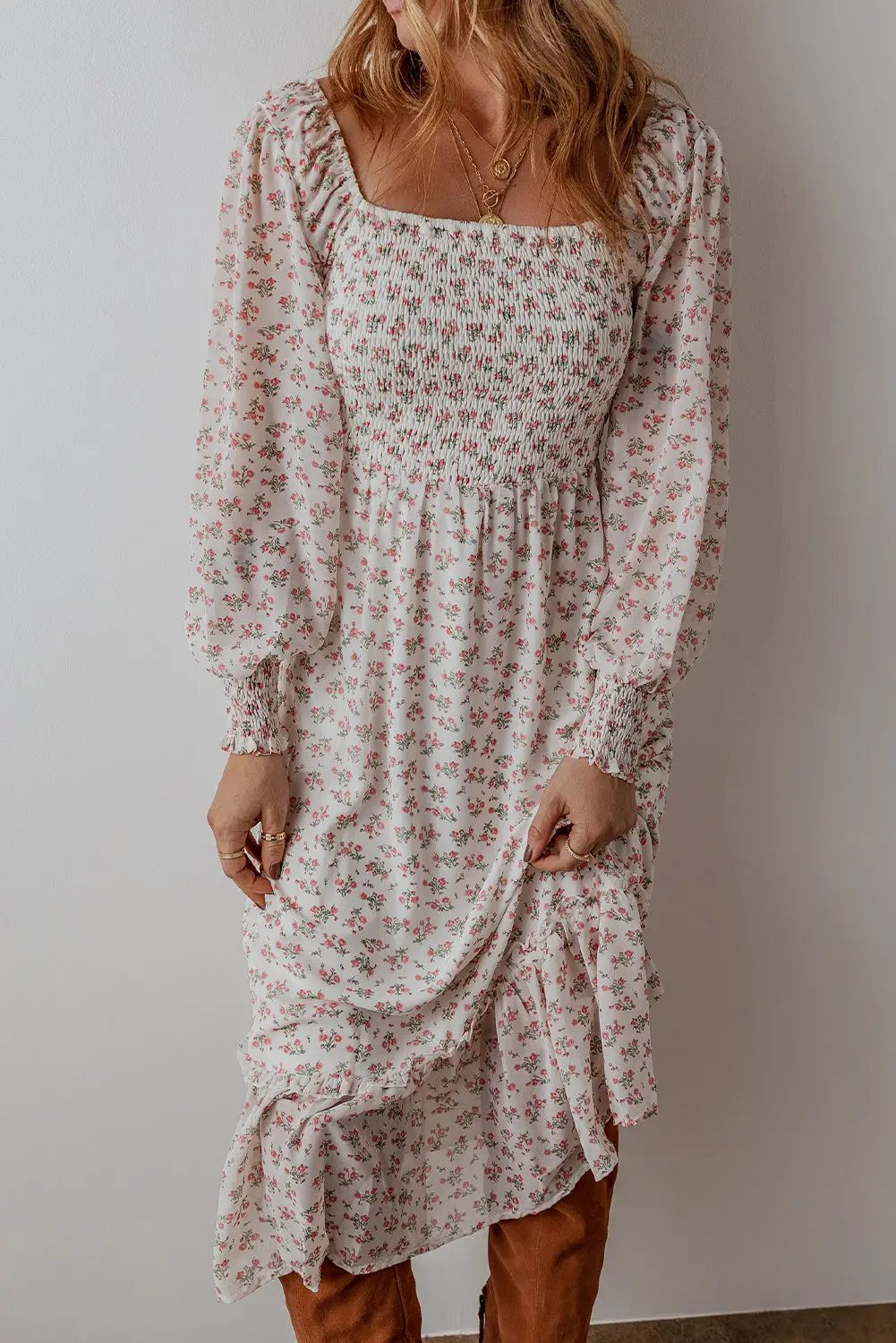 Grateful Threads Boutique White Floral Ruffled Hem Square Neck Midi Dress - Dresses
