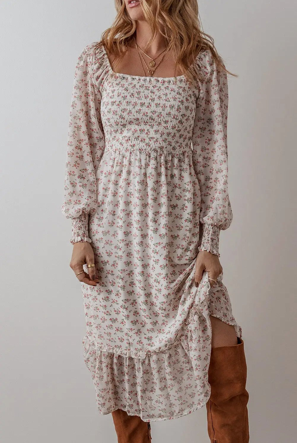 Grateful Threads Boutique White Floral Ruffled Hem Square Neck Midi Dress - Dresses
