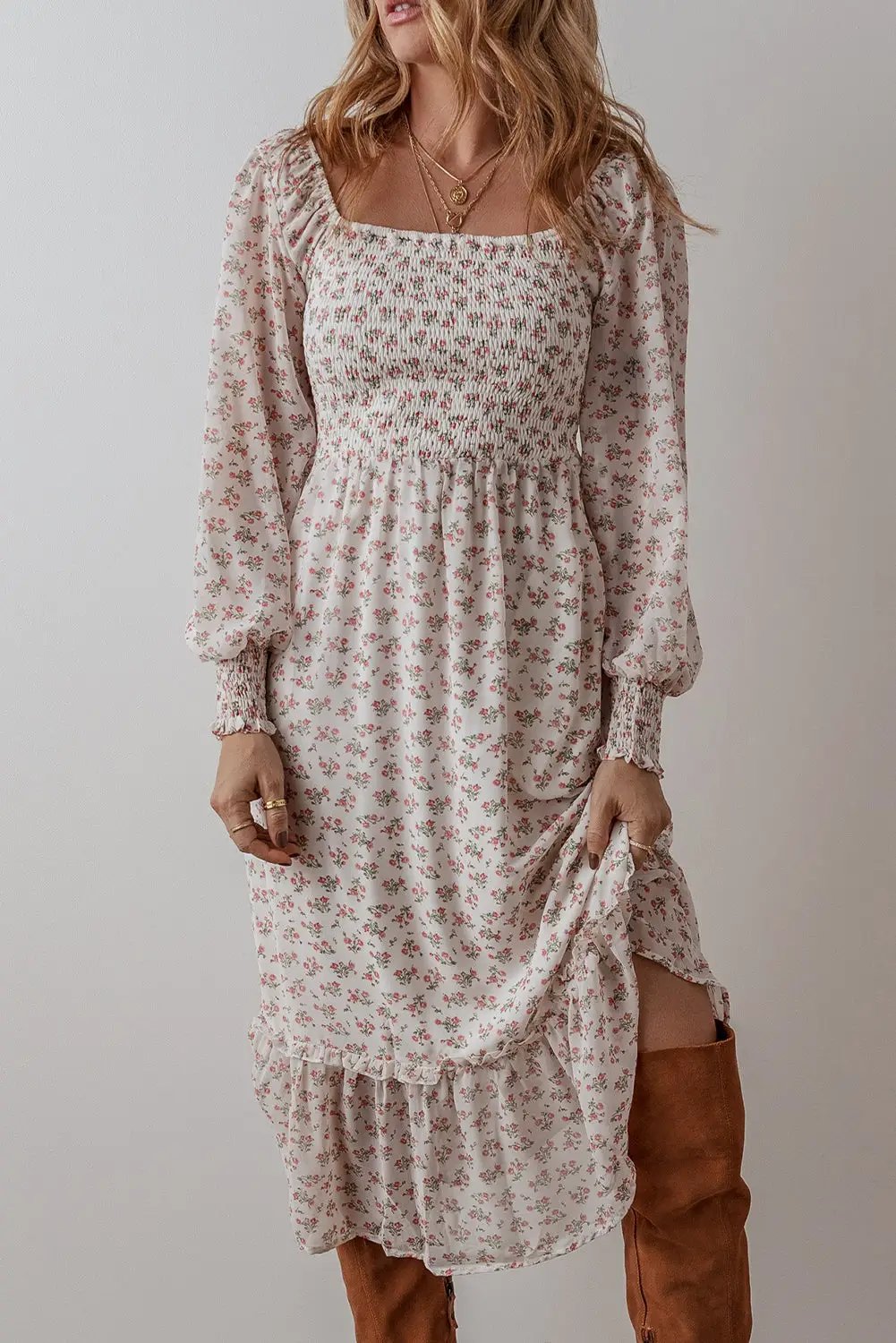 Grateful Threads Boutique White Floral Ruffled Hem Square Neck Midi Dress - Dresses