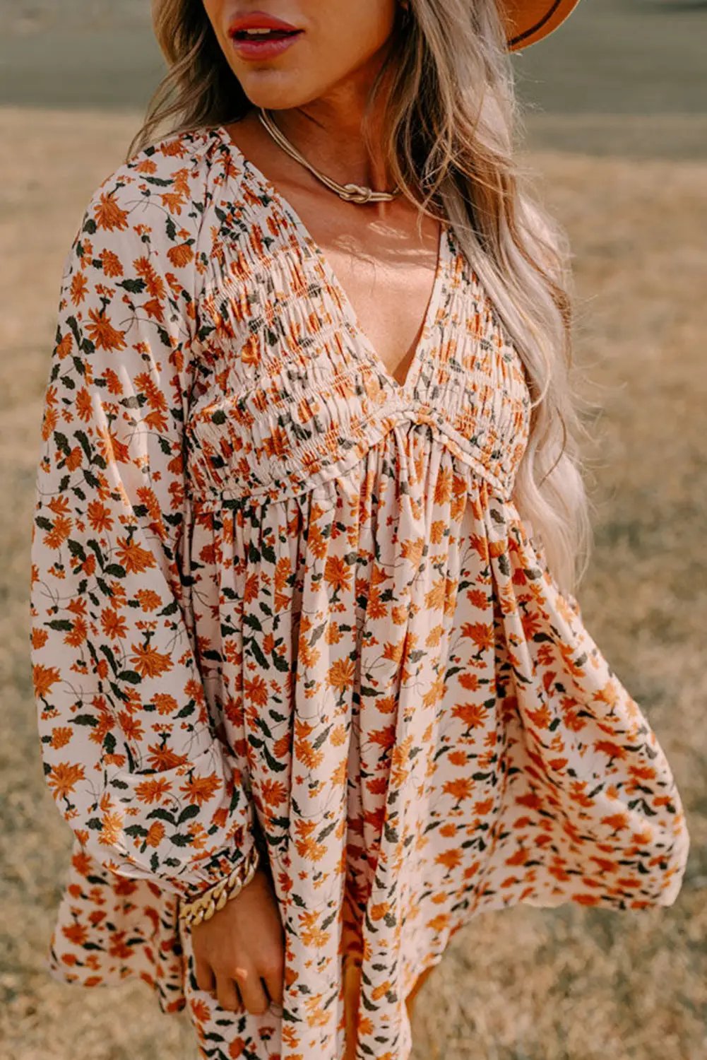 Grateful Threads Boutique Beige Floral Deep V Neck Smocked Bust Bubble Sleeve Babydoll Dress - Dresses Beige Floral Deep V Neck Smocked Bust Bubble Sleeve Babydoll Dress