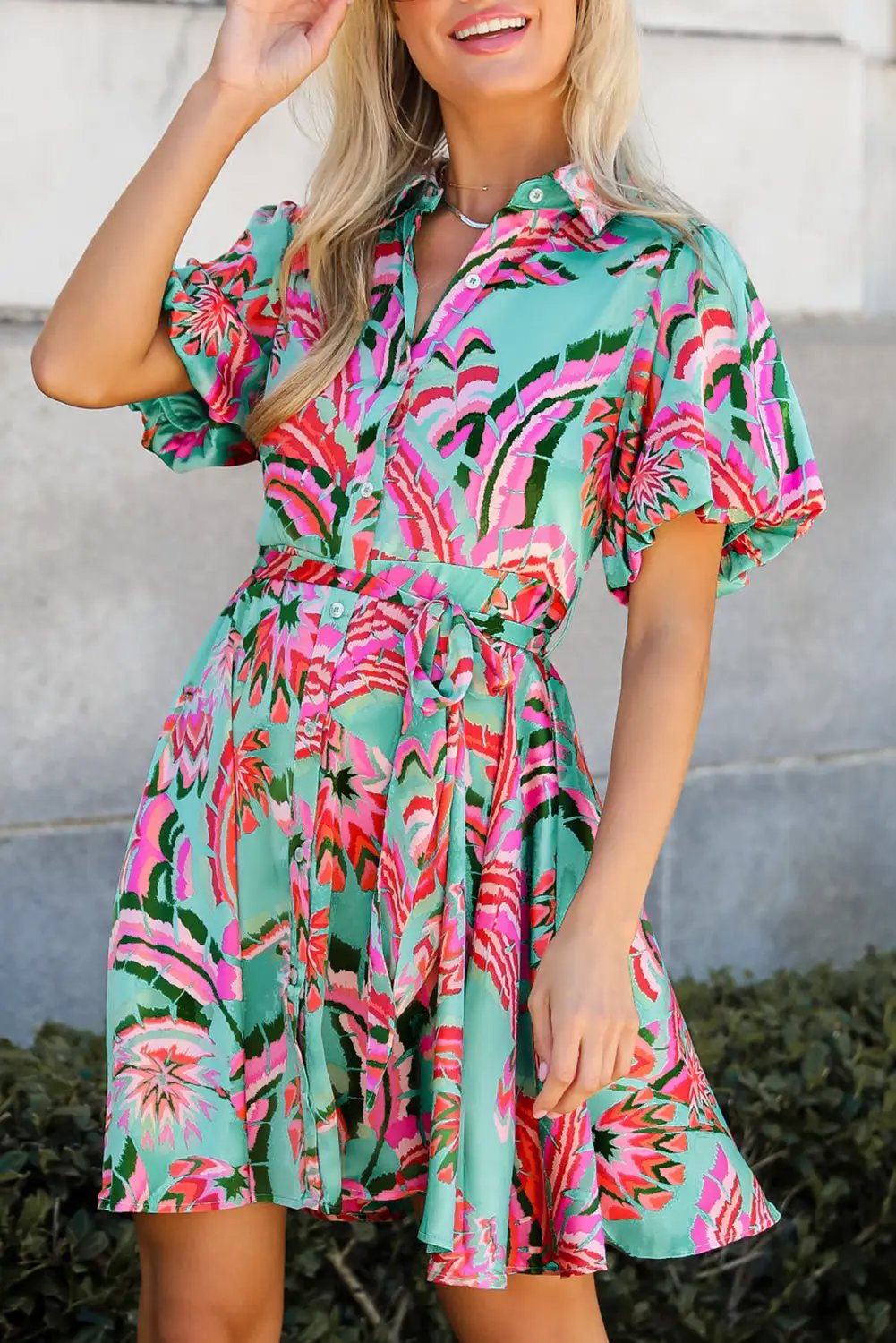 Grateful Threads Boutique Green Abstract Print Lace-up High Waist Buttoned Mini Dress - Dresses Green Abstract Print Lace-up High Waist Buttoned Mini Dress