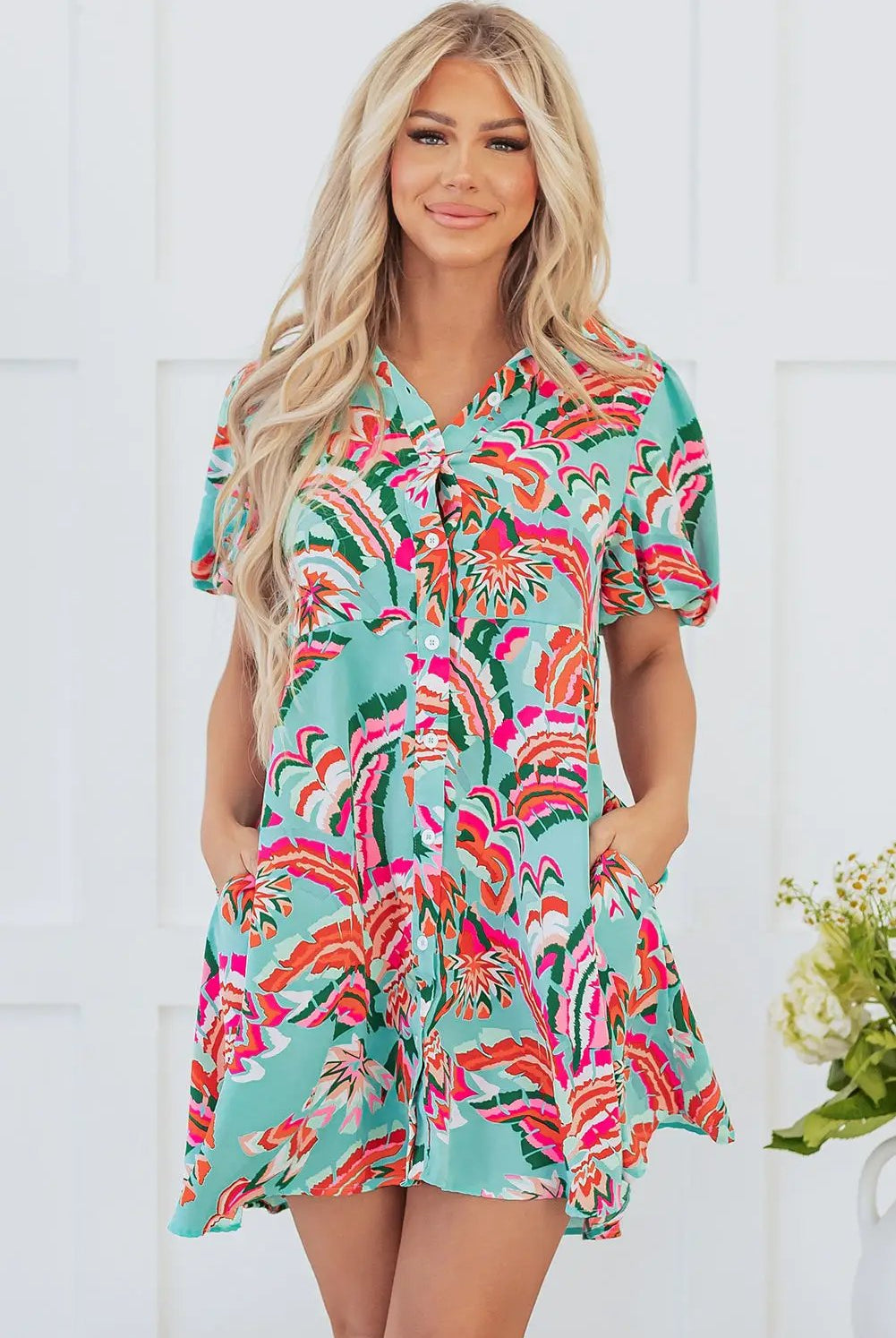 Grateful Threads Boutique Green Abstract Print Lace-up High Waist Buttoned Mini Dress - Dresses Green Abstract Print Lace-up High Waist Buttoned Mini Dress