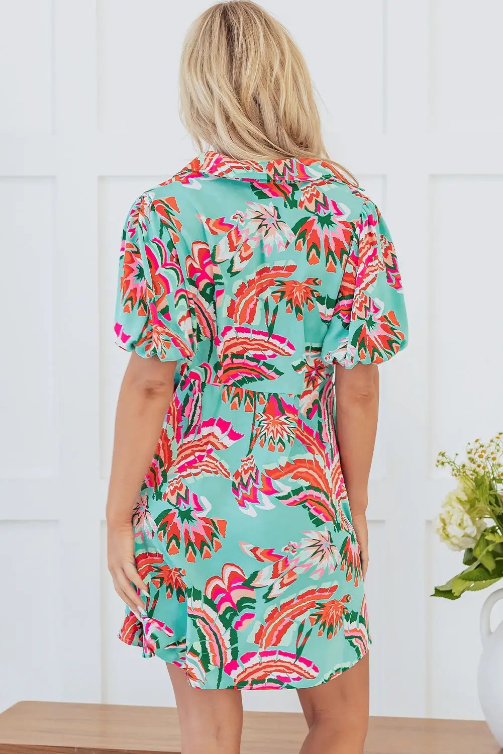 Grateful Threads Boutique Green Abstract Print Lace-up High Waist Buttoned Mini Dress - Dresses Green Abstract Print Lace-up High Waist Buttoned Mini Dress