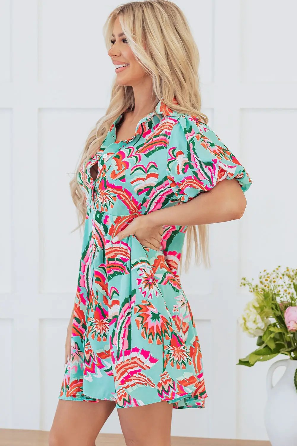 Grateful Threads Boutique Green Abstract Print Lace-up High Waist Buttoned Mini Dress - Dresses Green Abstract Print Lace-up High Waist Buttoned Mini Dress