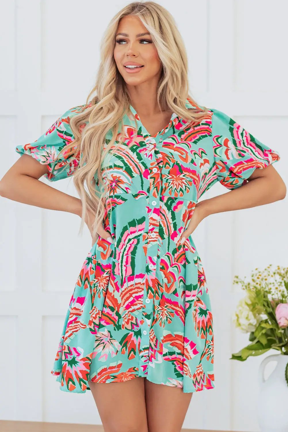 Grateful Threads Boutique Green Abstract Print Lace-up High Waist Buttoned Mini Dress - Dresses Green Abstract Print Lace-up High Waist Buttoned Mini Dress