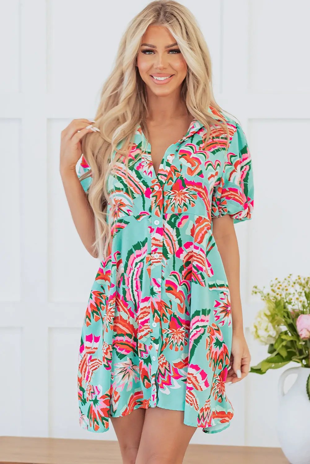 Grateful Threads Boutique Green Abstract Print Lace-up High Waist Buttoned Mini Dress - Dresses Green Abstract Print Lace-up High Waist Buttoned Mini Dress