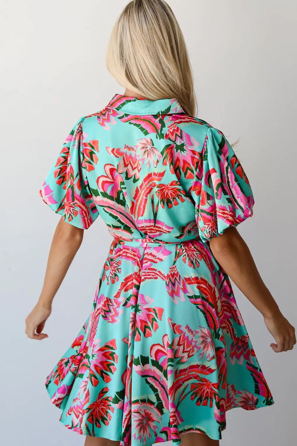 Grateful Threads Boutique Green Abstract Print Lace-up High Waist Buttoned Mini Dress - Dresses Green Abstract Print Lace-up High Waist Buttoned Mini Dress