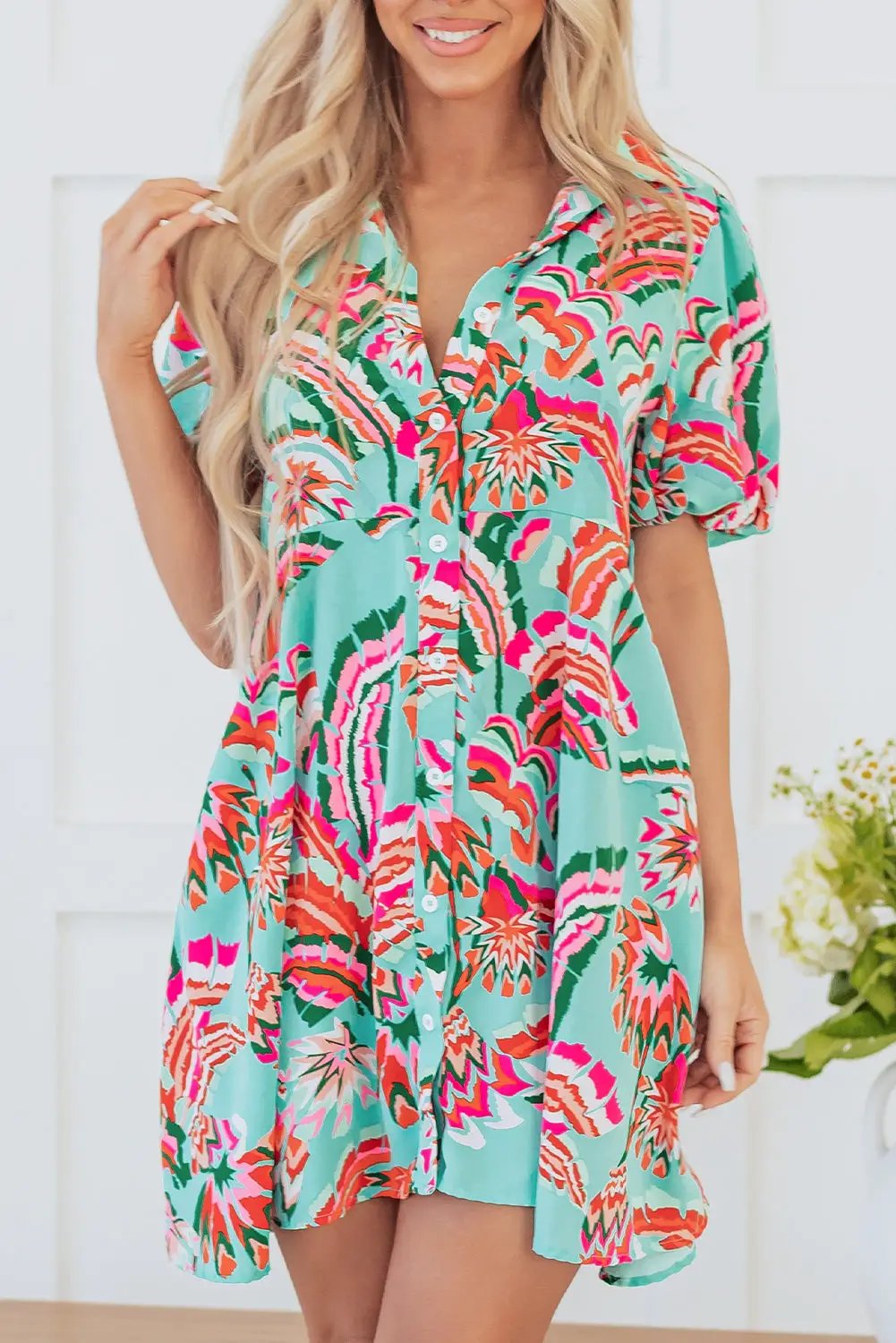 Grateful Threads Boutique Green Abstract Print Lace-up High Waist Buttoned Mini Dress - Dresses Green Abstract Print Lace-up High Waist Buttoned Mini Dress