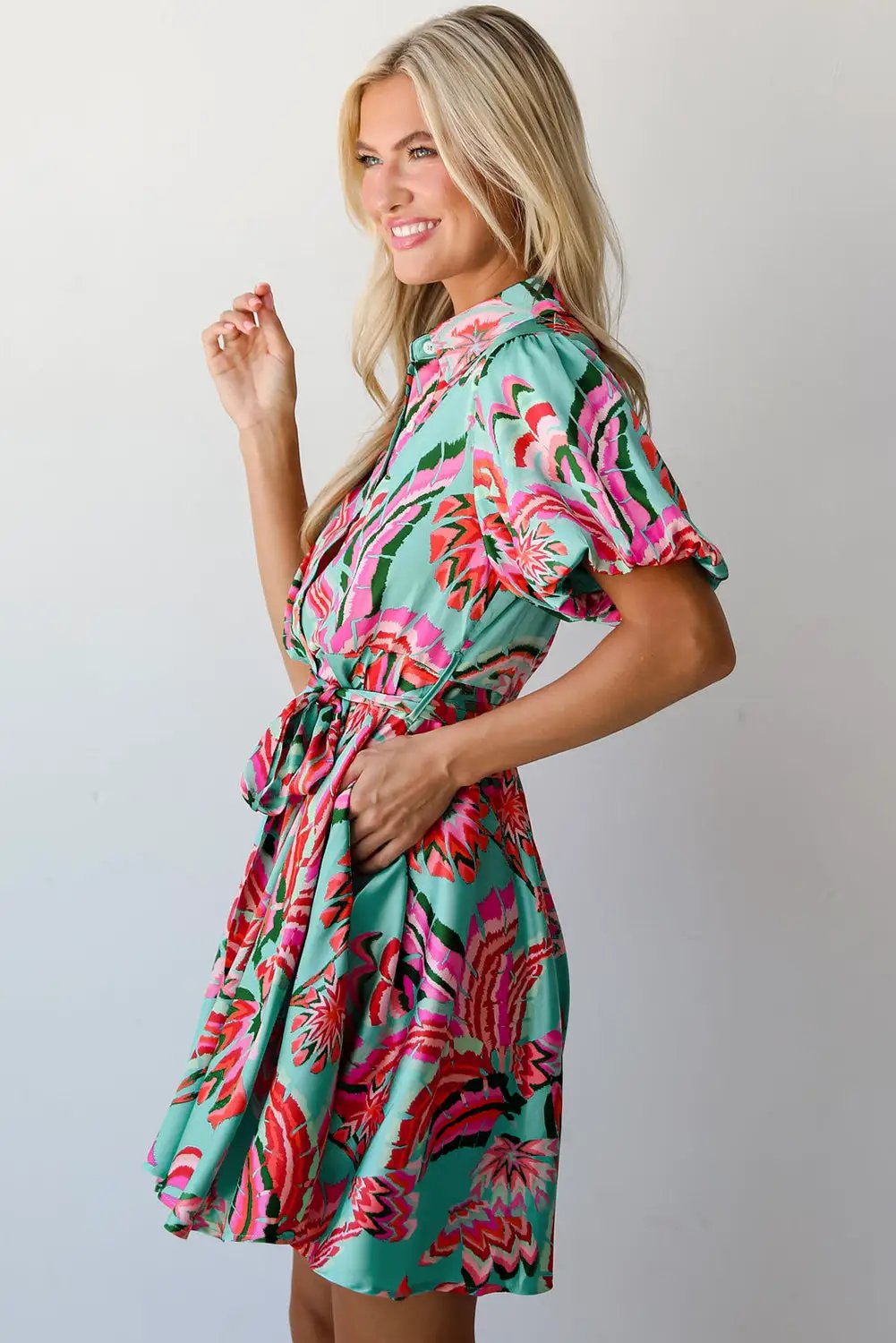 Grateful Threads Boutique Green Abstract Print Lace-up High Waist Buttoned Mini Dress - Dresses Green Abstract Print Lace-up High Waist Buttoned Mini Dress