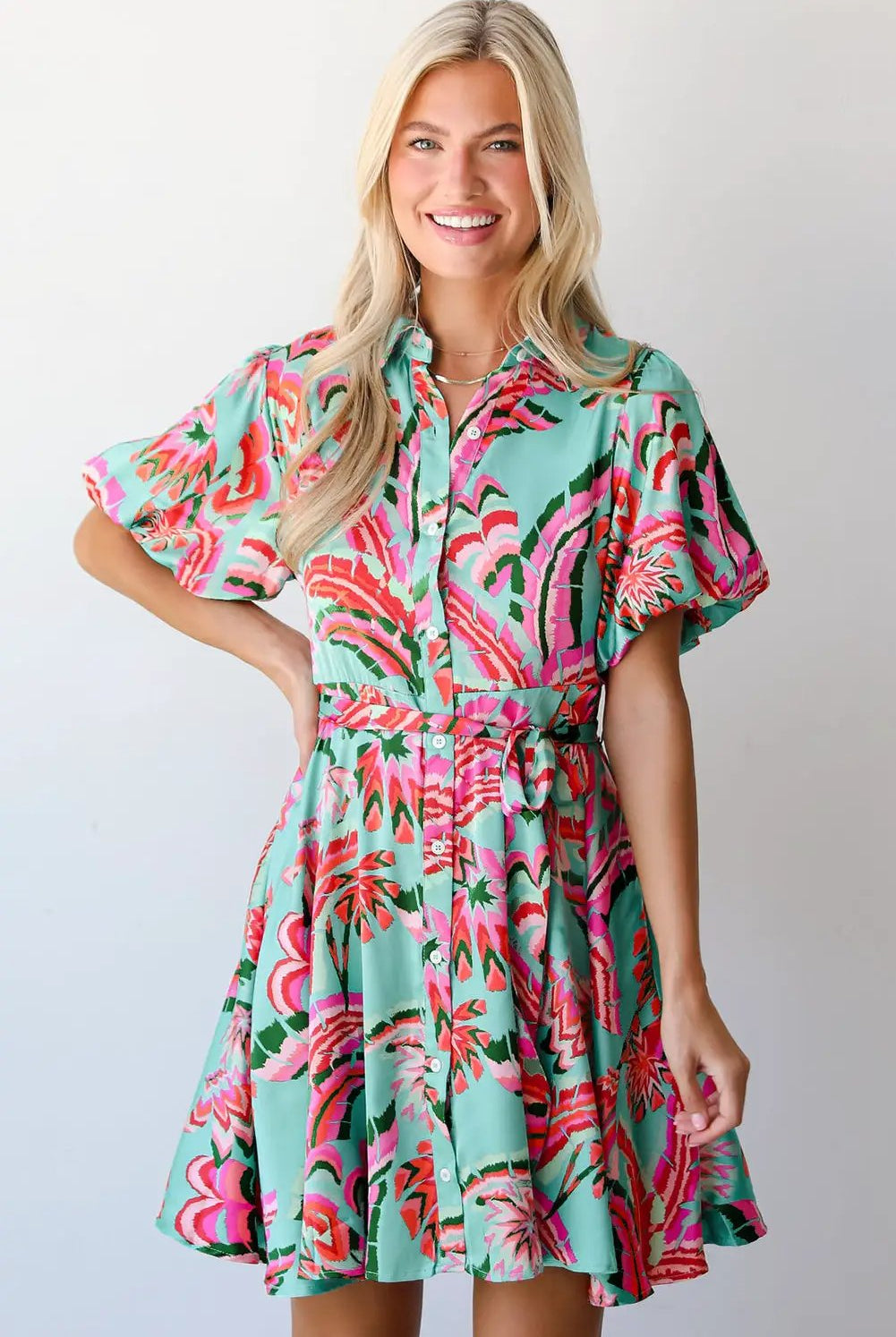 Grateful Threads Boutique Green Abstract Print Lace-up High Waist Buttoned Mini Dress - Dresses Green Abstract Print Lace-up High Waist Buttoned Mini Dress