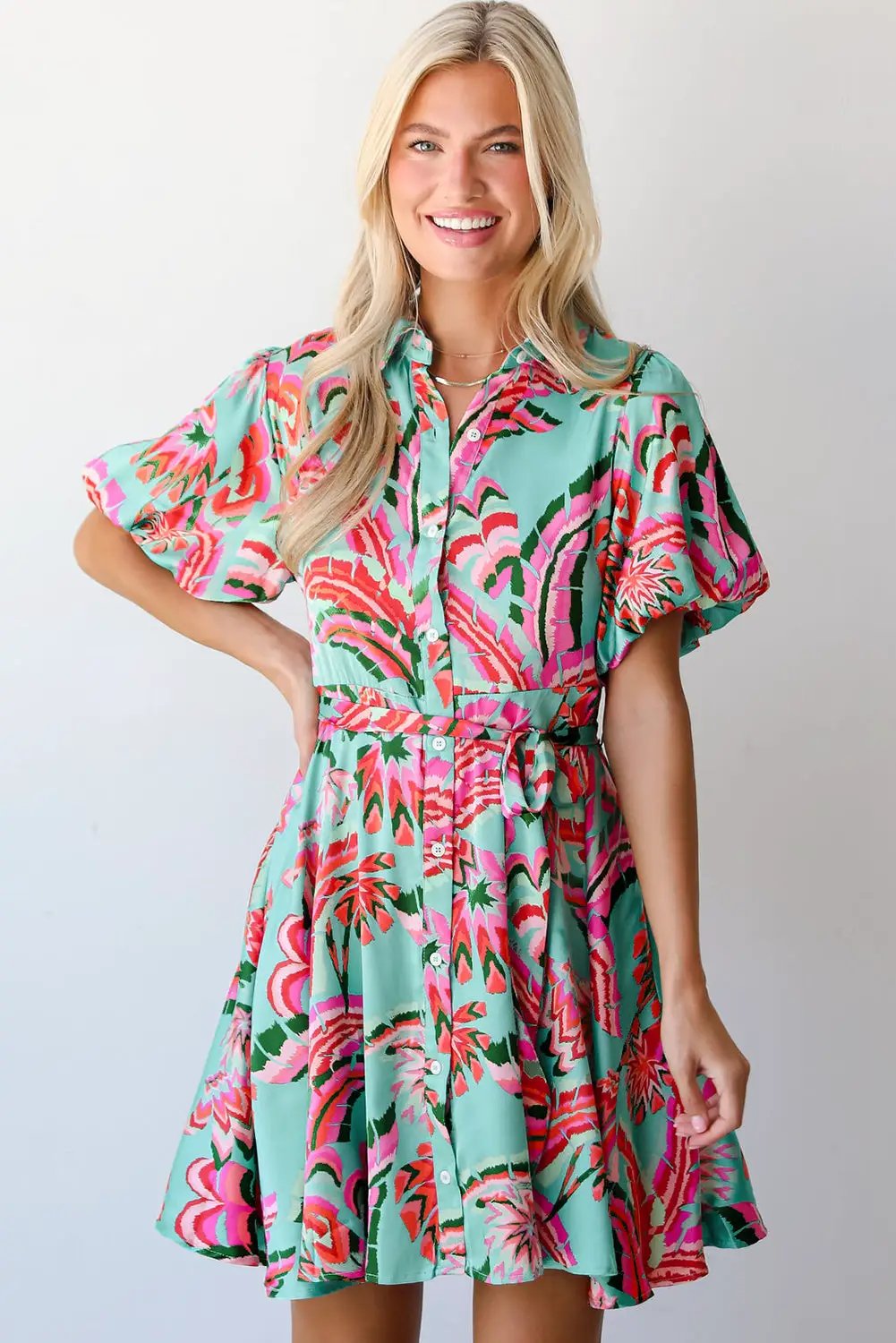 Grateful Threads Boutique Green Abstract Print Lace-up High Waist Buttoned Mini Dress - Dresses Green Abstract Print Lace-up High Waist Buttoned Mini Dress